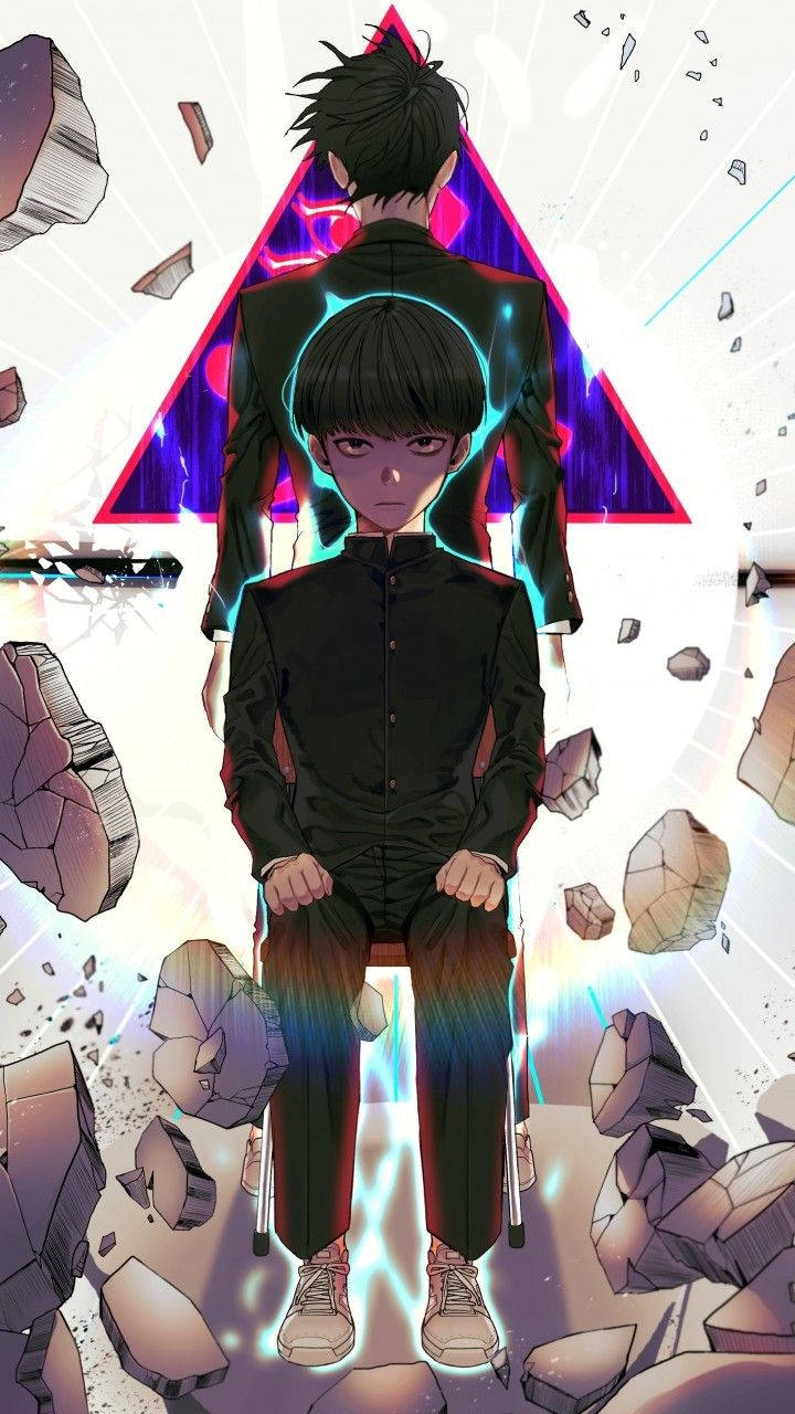 影山茂夫在《靈能百分百》中施展靈能 壁紙 — 一個年輕的動漫男孩平靜地坐在椅子上，一個發光的三角形和漂浮的岩石環繞著他，營造出超現實的場景。