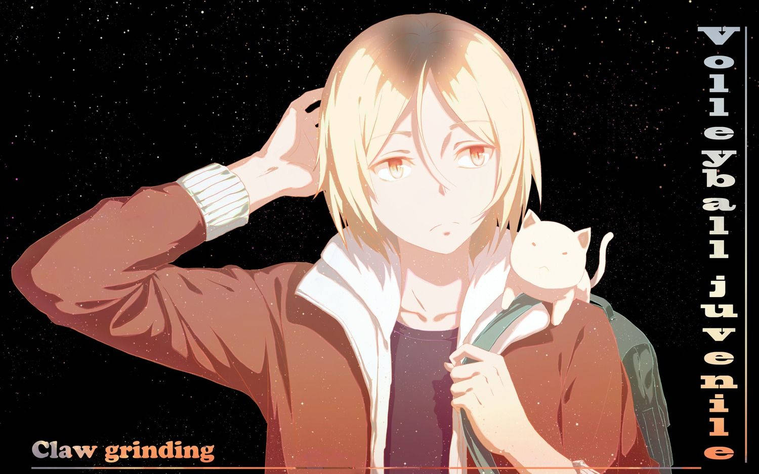 金髮紅眼動漫少年抓頭抱白貓在星空下