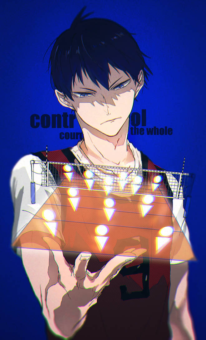 影山飛雄掌控整場 壁紙 — 動畫男孩穿著排球制服，在深藍色背景上拿著發光的戰術網格覆蓋層。