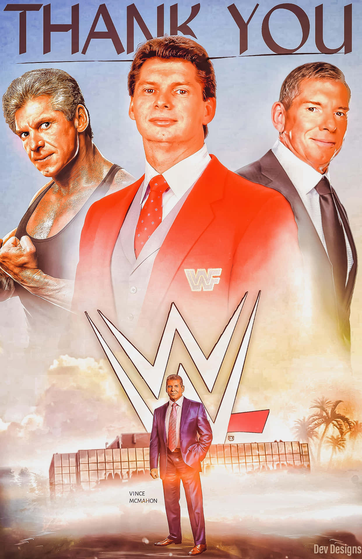 WWE致敬海報，Vince McMahon和三位摔角手在日落天空下。