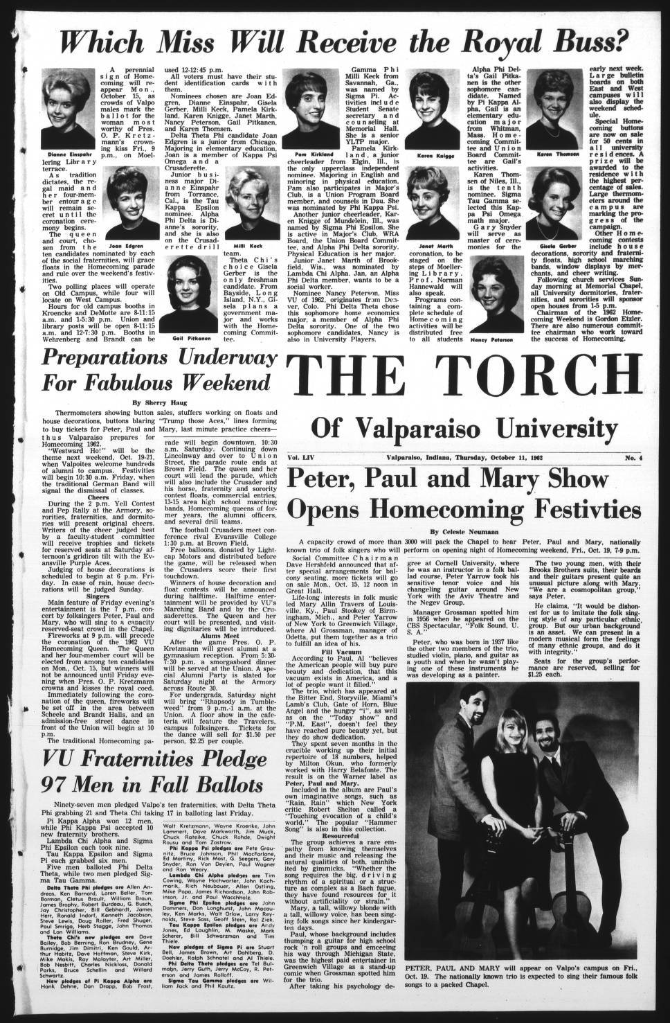 彼得、保羅與瑪麗的報紙版面 壁紙 — 1980年代復古報紙版面， featuring headlines and photos of college students preparing for homecoming festivities at Valparaiso University.