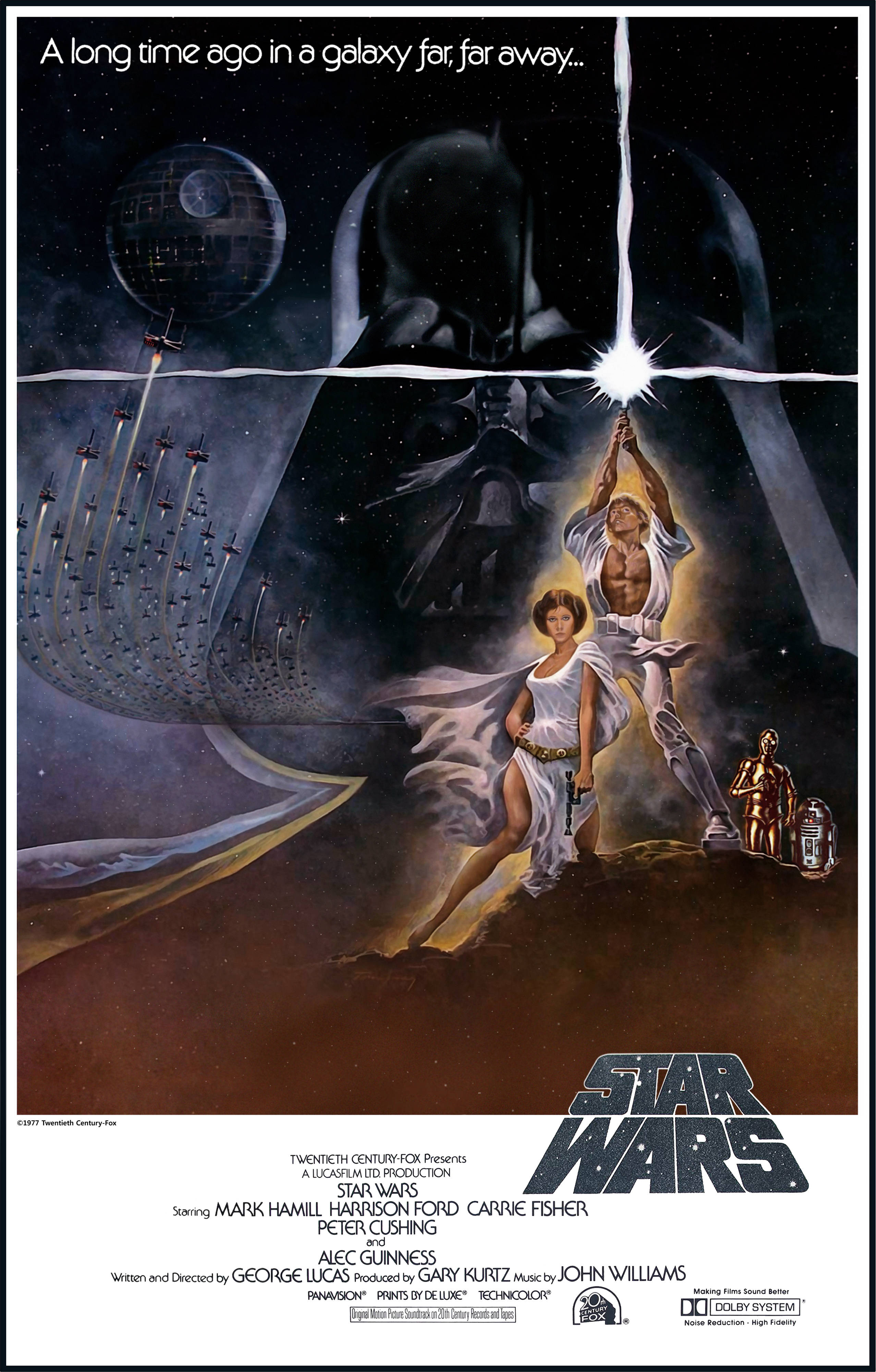 彼得·庫欣《星際大戰：新希望》1977年電影海報 壁紙 — 戲劇性的太空戰鬥場景，達斯維達籠罩在路克天行者和莉亞公主之上，背景是星空和死星。