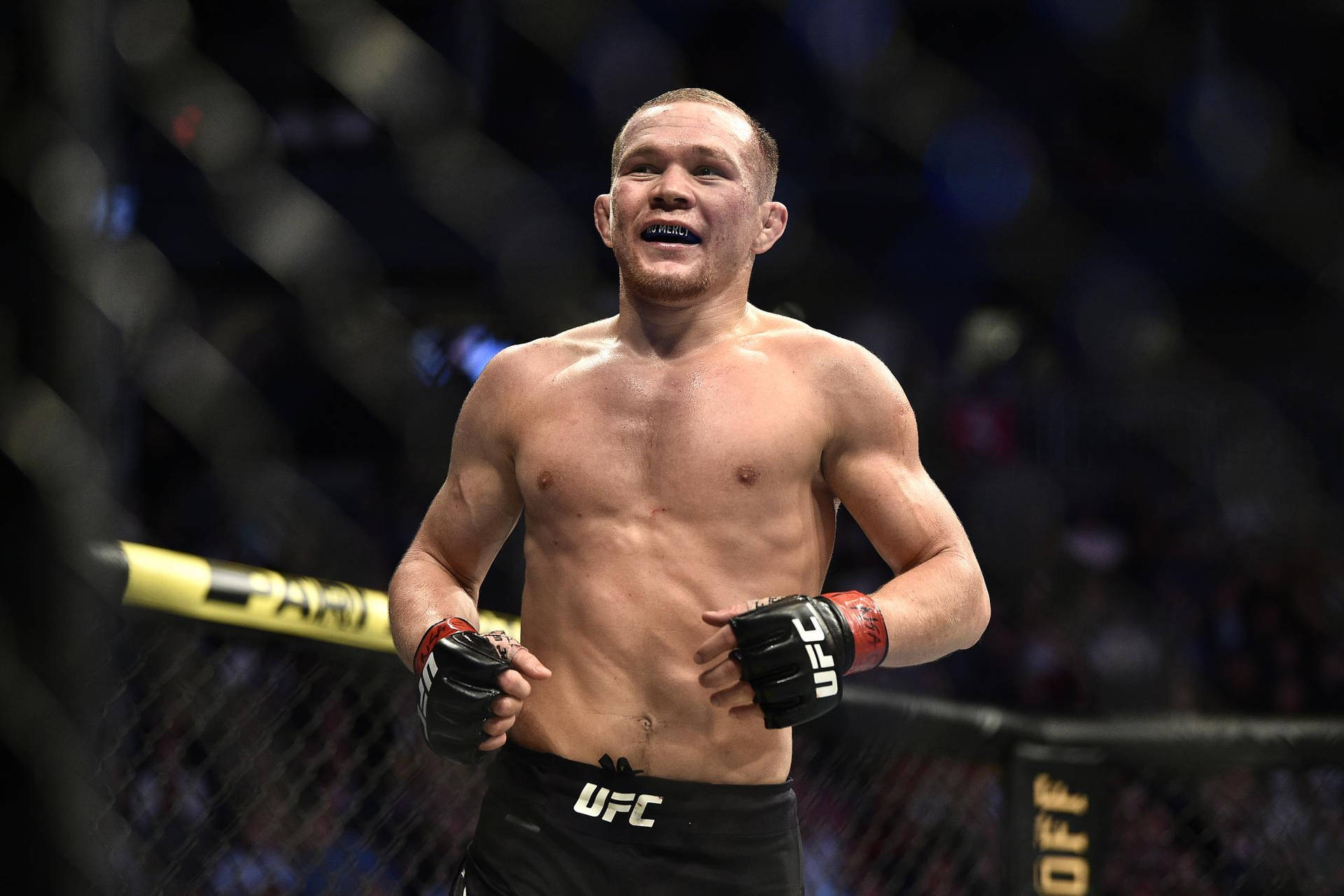 一位赤裸上身的MMA拳手在UFC八角籠內慶祝勝利。
