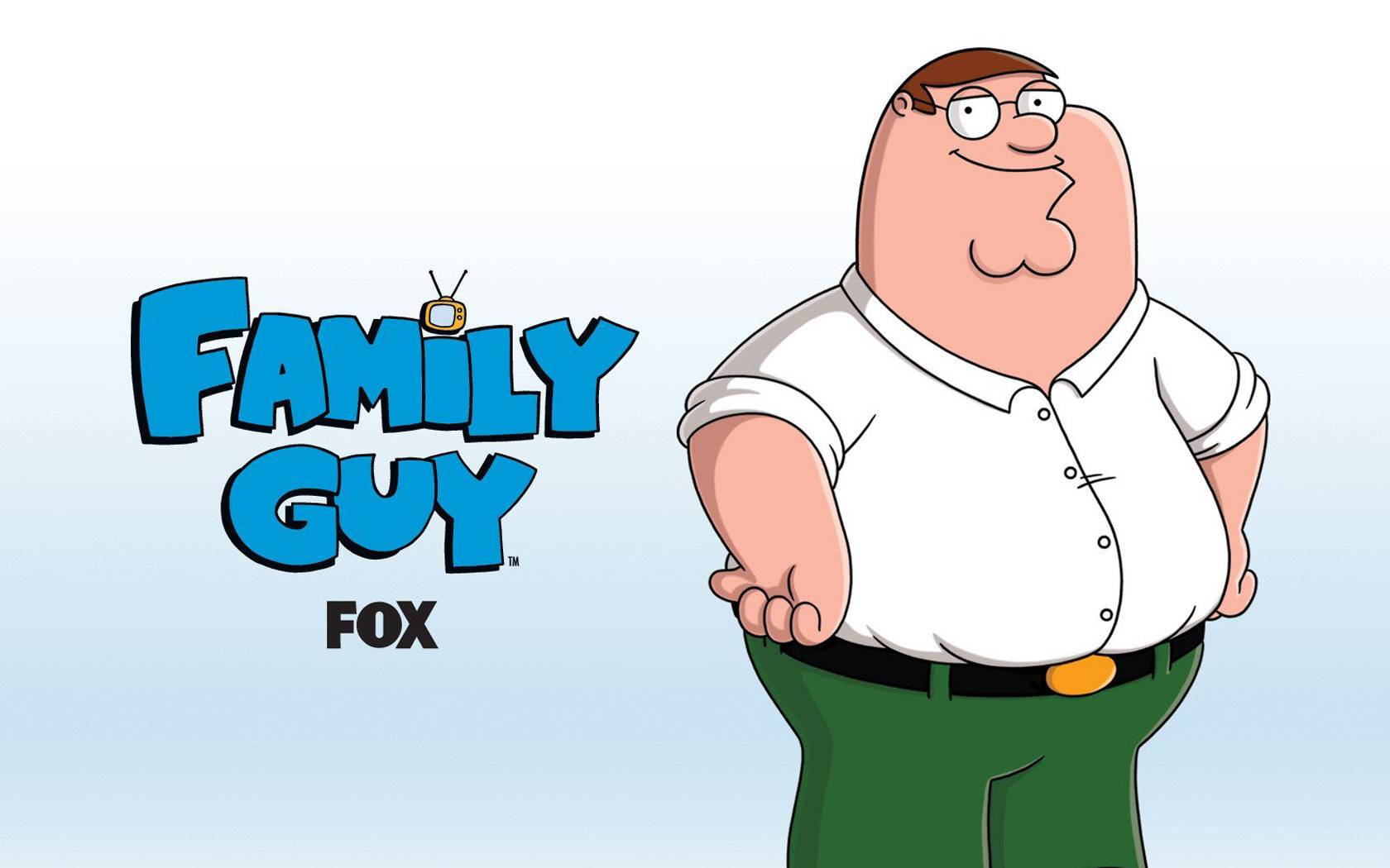 《蓋酷家庭》嘅 Peter Griffin 卡通，着白色恤衫同綠色褲。