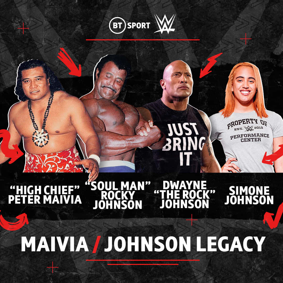 四位WWE摔角手在帶有紅色箭頭和BT Sport品牌的宣傳圖像中。