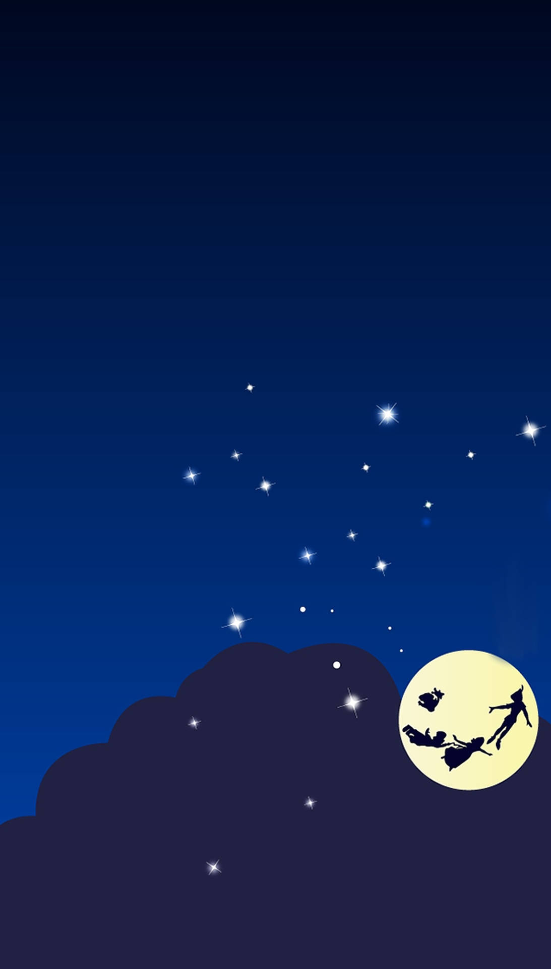 彼得潘和朋友們在夜間飛過滿月和星星。