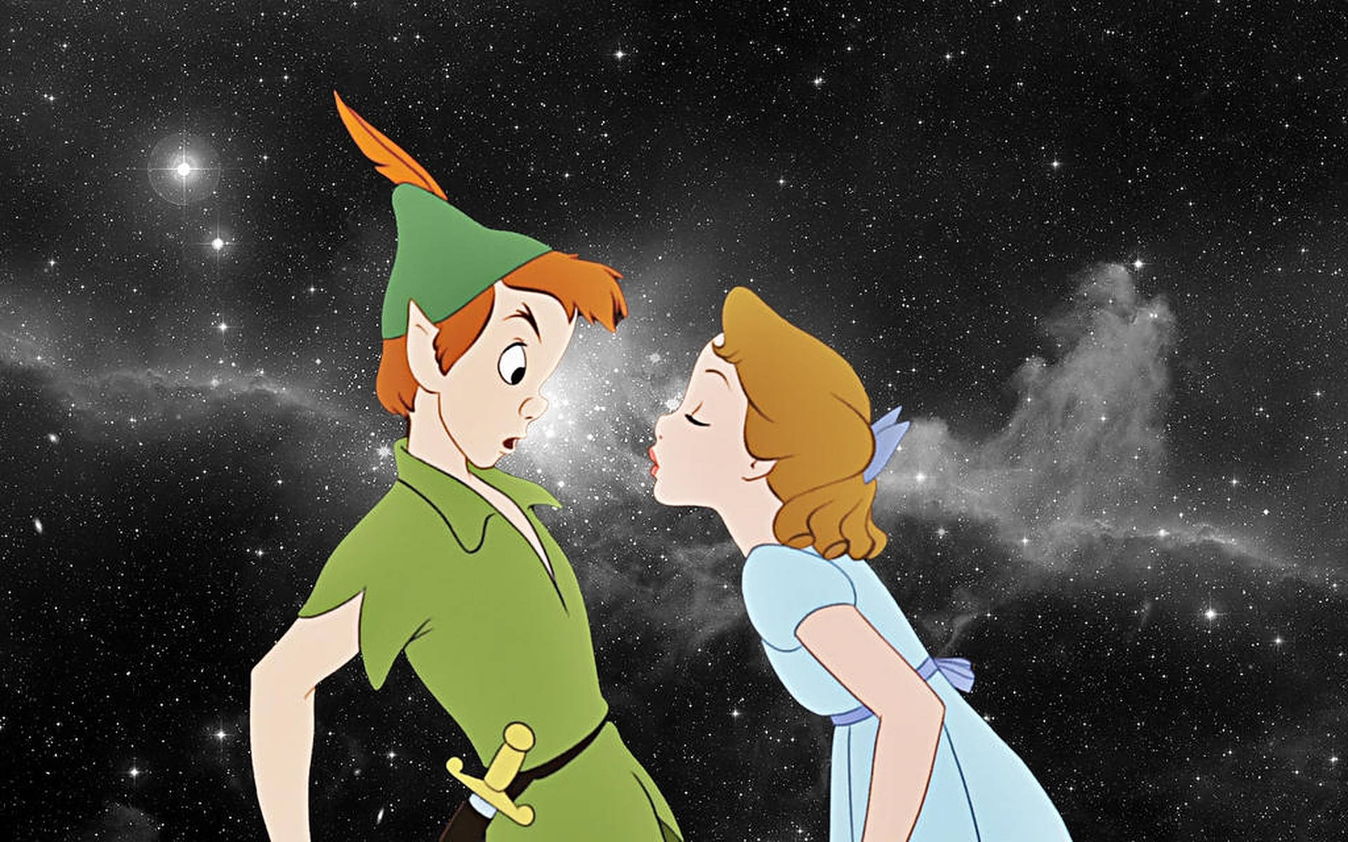 彼得潘與溫蒂在星空下與宇宙雲朵親吻。