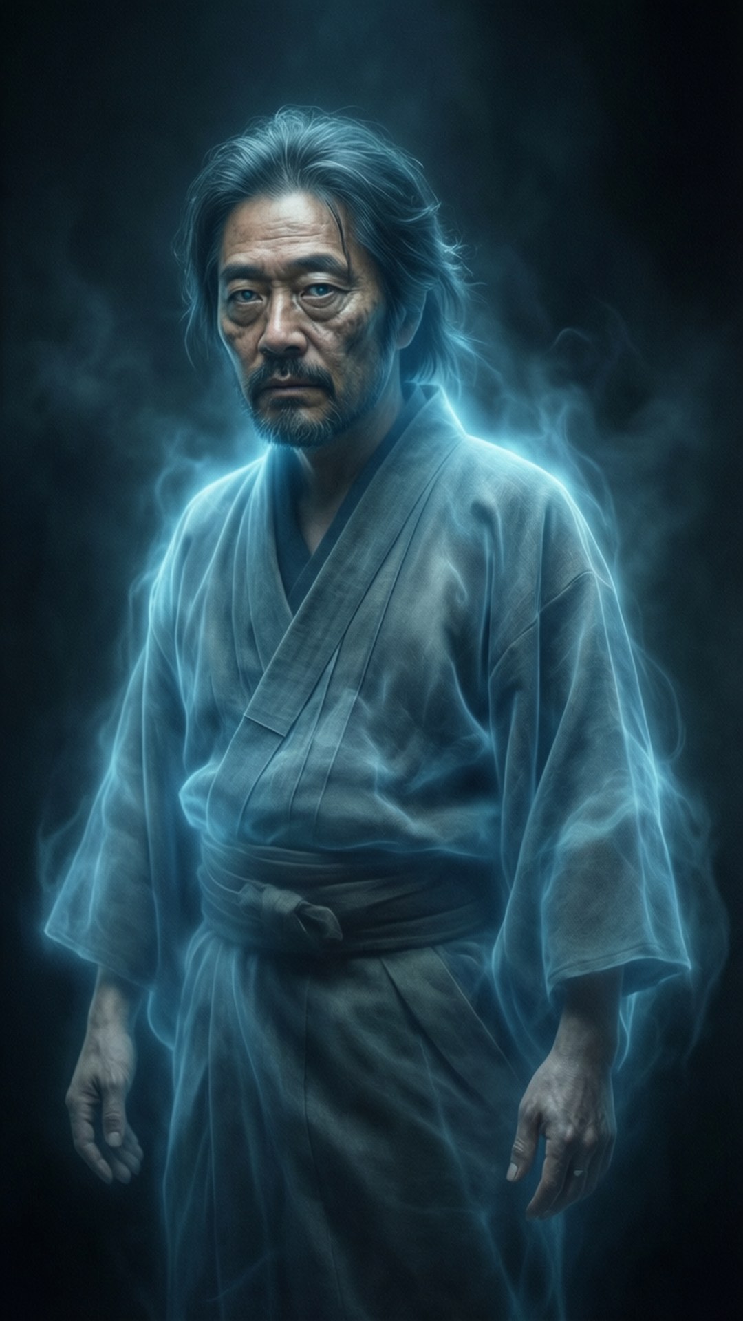 一位身穿藍色長袍、表情莊嚴的發光男子站在煙霧瀰漫的黑暗中。