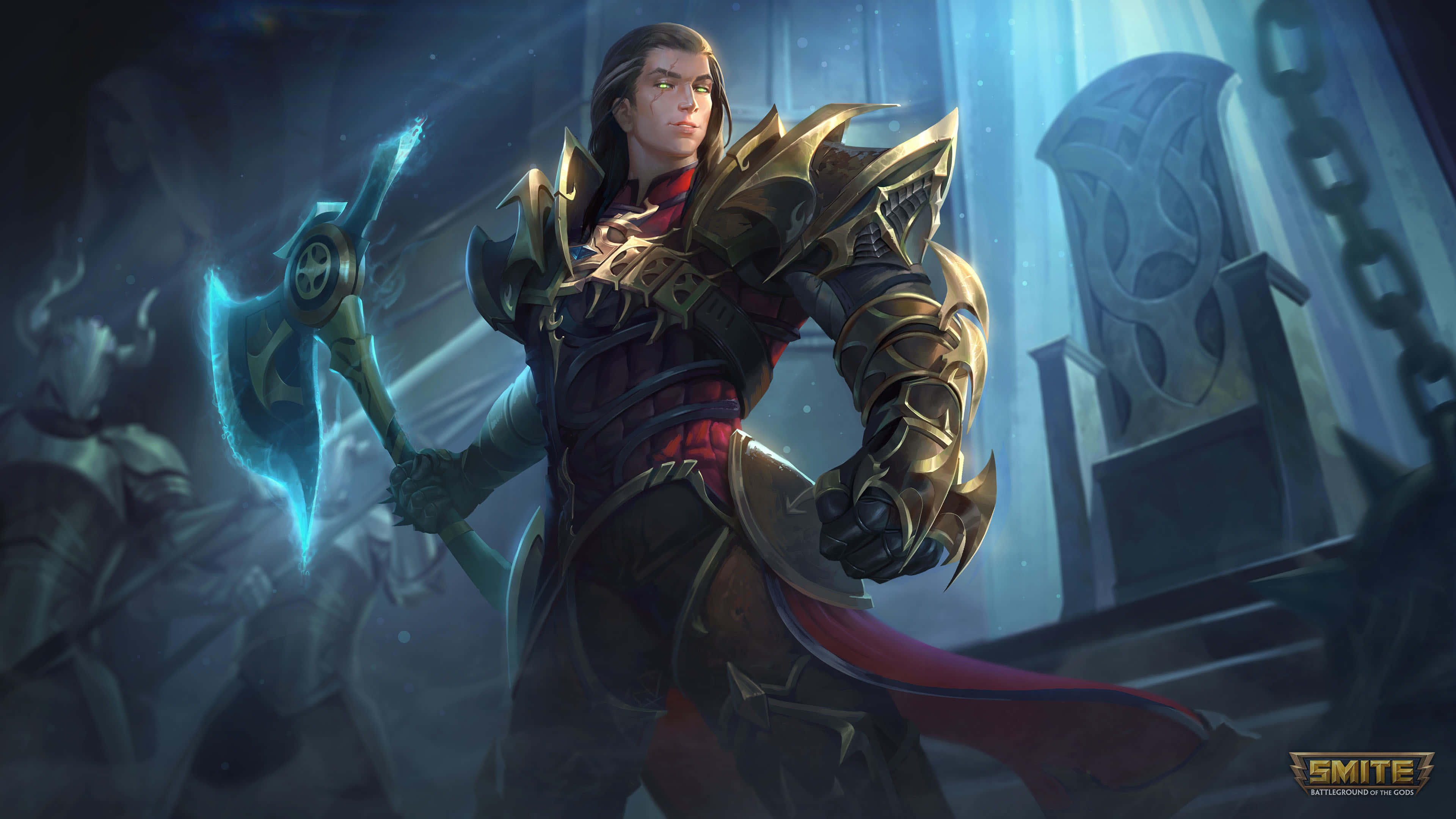 征服 Smite 的戰場 壁紙 — 一名身穿華麗金色盔甲的戰士在昏暗的哥德式王座廳中揮舞著一把發光的藍色斧頭。