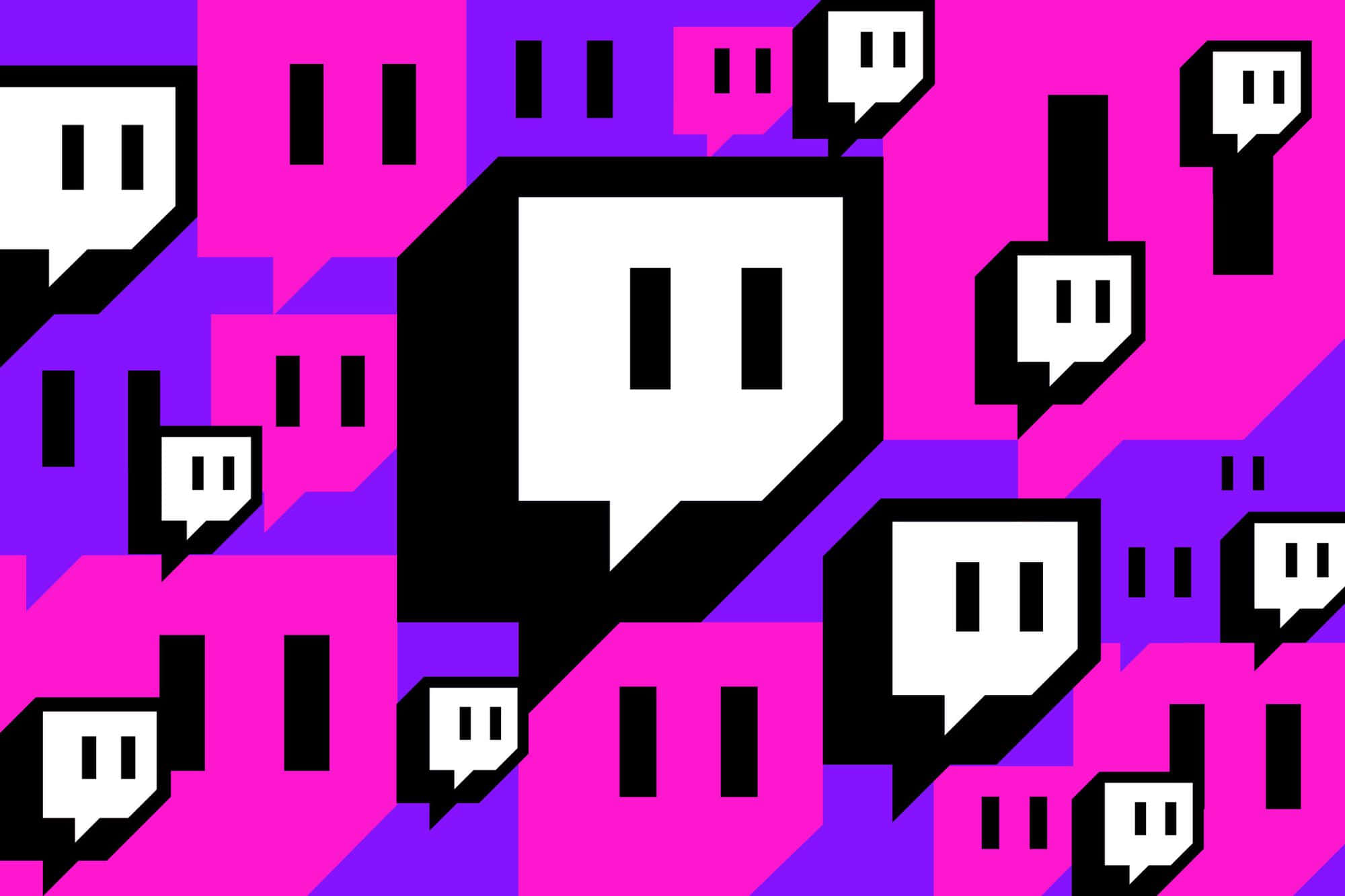 幾何粉紅和紫色背景上的 Twitch 標誌對話氣泡