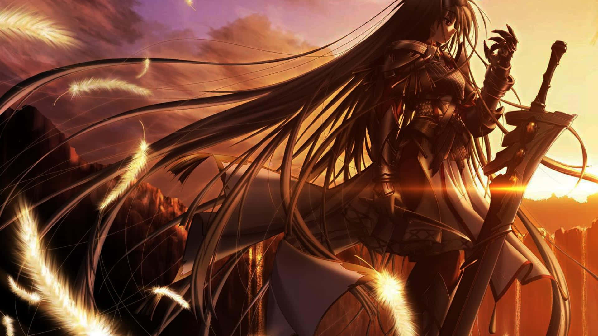 動漫女戰士手持發光劍，背景為熾熱夕陽天空