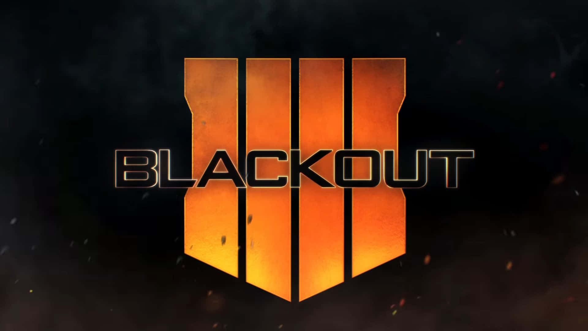 征服戰場 - 最佳《Call of Duty: Black Ops 4》 壁紙 — 發光的橙色「Blackout」標誌，帶有三條垂直條紋，在黑暗煙霧背景中與漂浮的火花形成鮮明對比。