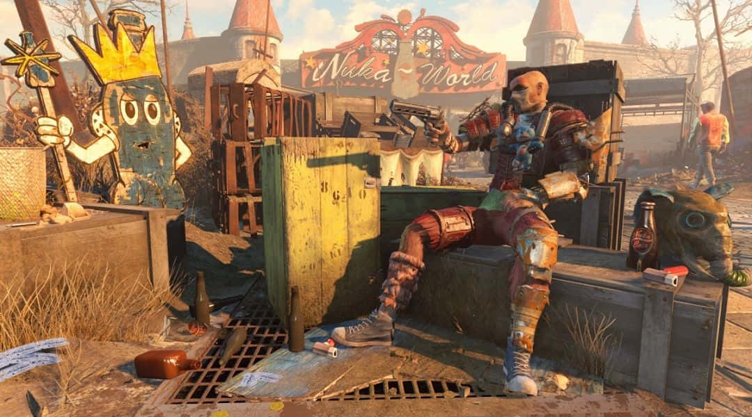 Fallout Characters 桌布 壁紙 — 後末日荒原場景，一名全副武裝的變種人坐在板條箱上，旁邊是破舊的Nuka World標誌。