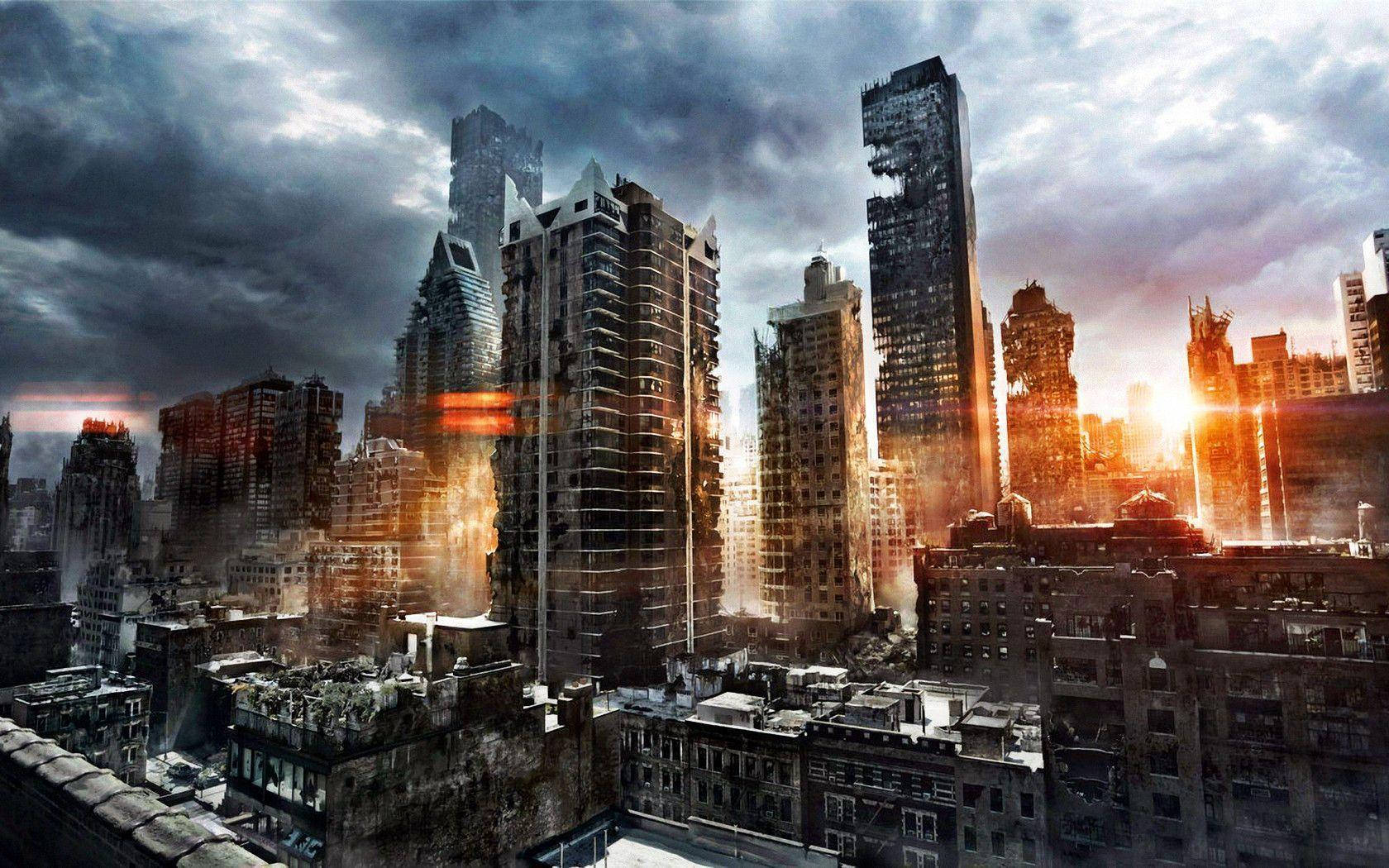 日落時分的反烏托邦城市天際線，燃燒的建築物和暴風雲。