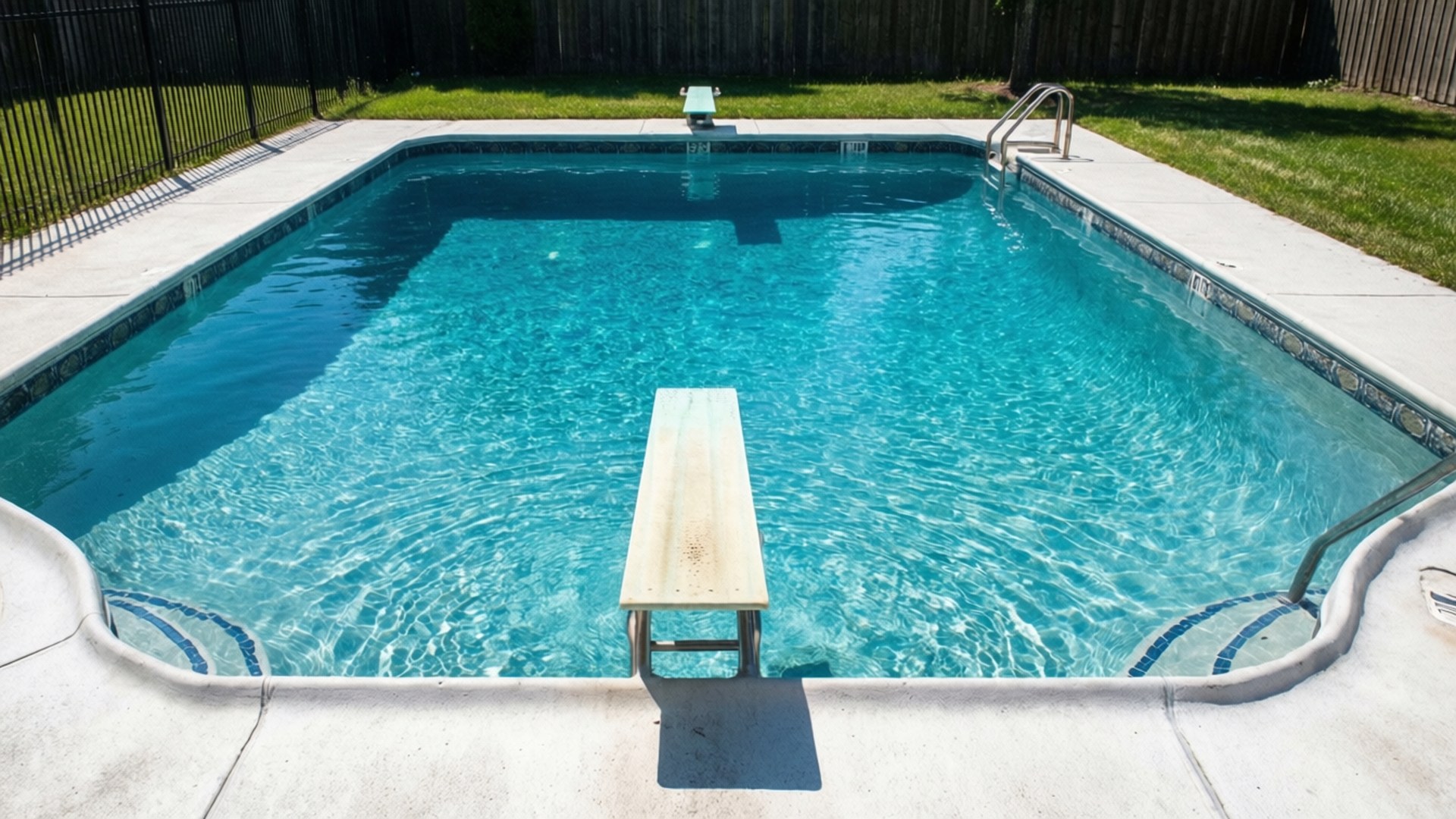 長方形游泳池，帶跳板和梯子，周圍環繞著草地和圍欄。