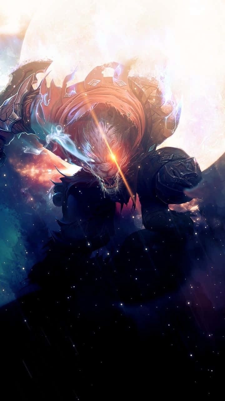 從 Android《英雄聯盟》開始您的遊戲冒險 壁紙 — 一個兇猛的裝甲戰士，擁有發光的紅色眼睛和藍色能量，在明亮天體下的宇宙星雲中揮砍。