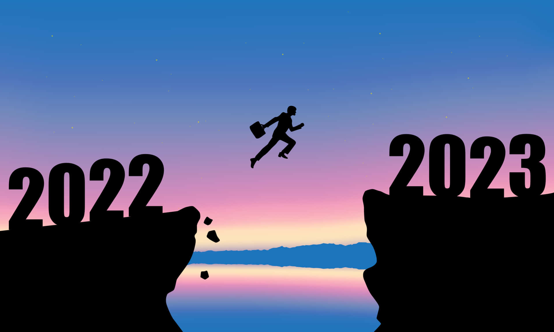 商人在暮色中從2022懸崖跳向2023懸崖。