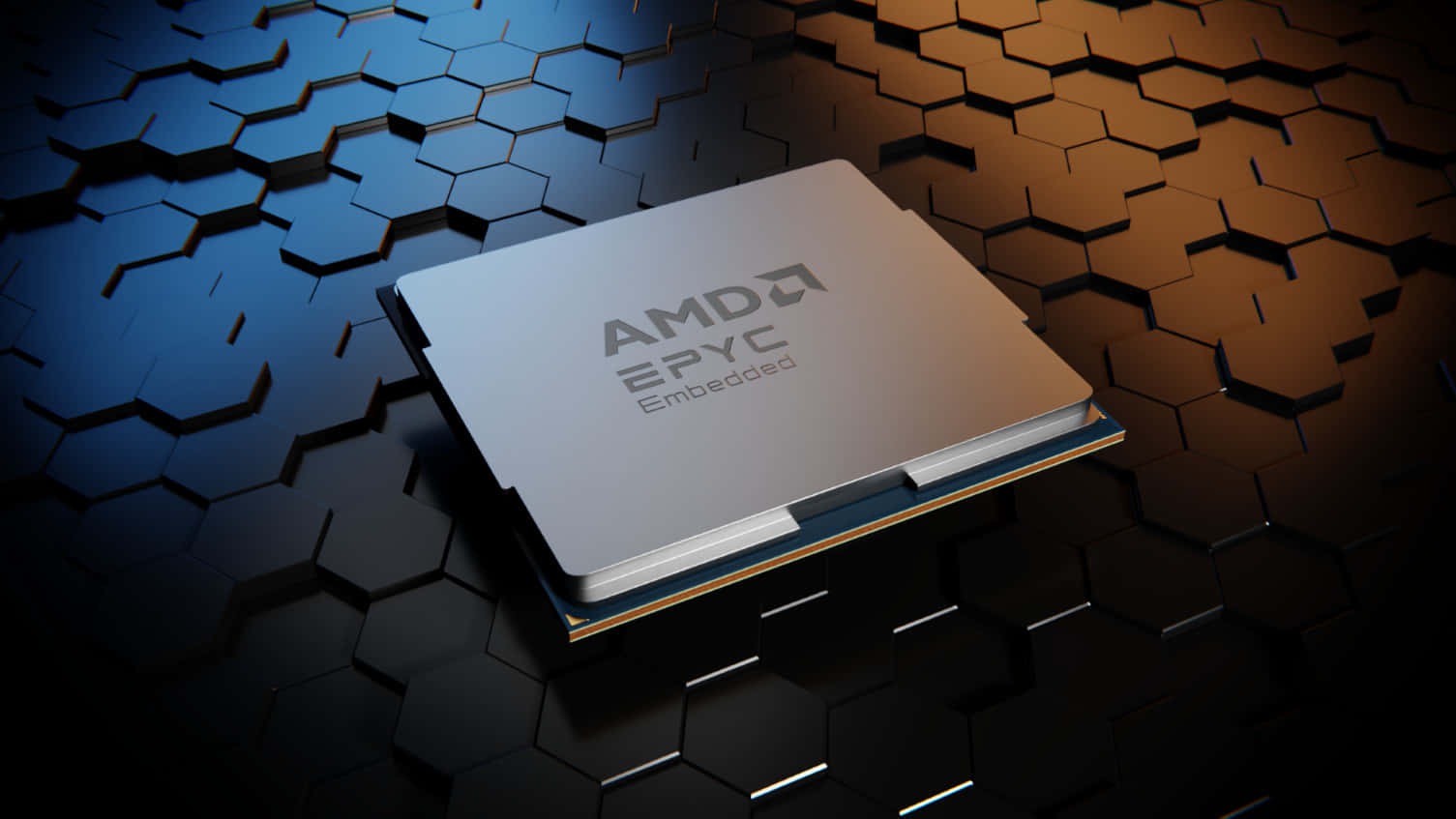 AMD EPYC Embedded 處理器在帶有藍色和金色燈光的六角形科技表面上。