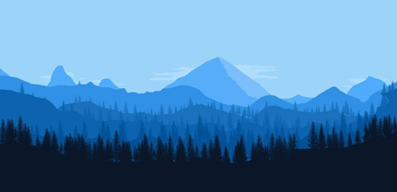藍色山脈，松樹在晴朗的天空下形成剪影。