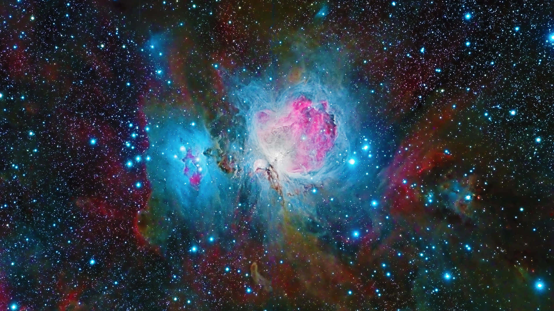 在深空中被無數恆星包圍的充滿活力的粉紅色和藍色星雲。