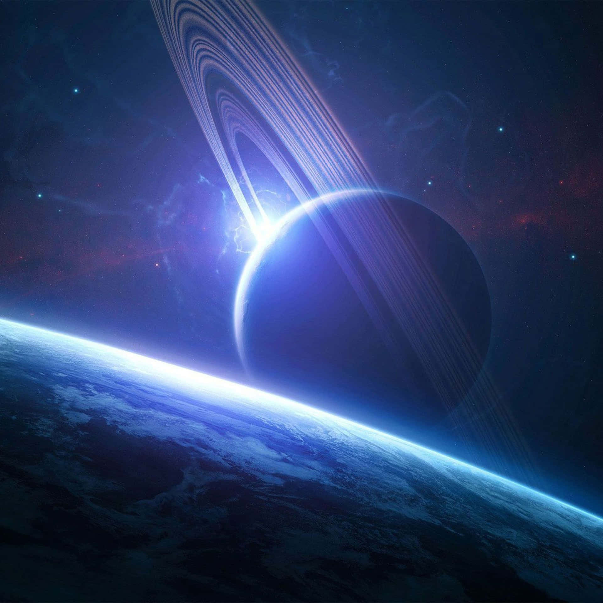 一顆帶環行星在深空中於地球地平線上方發光。