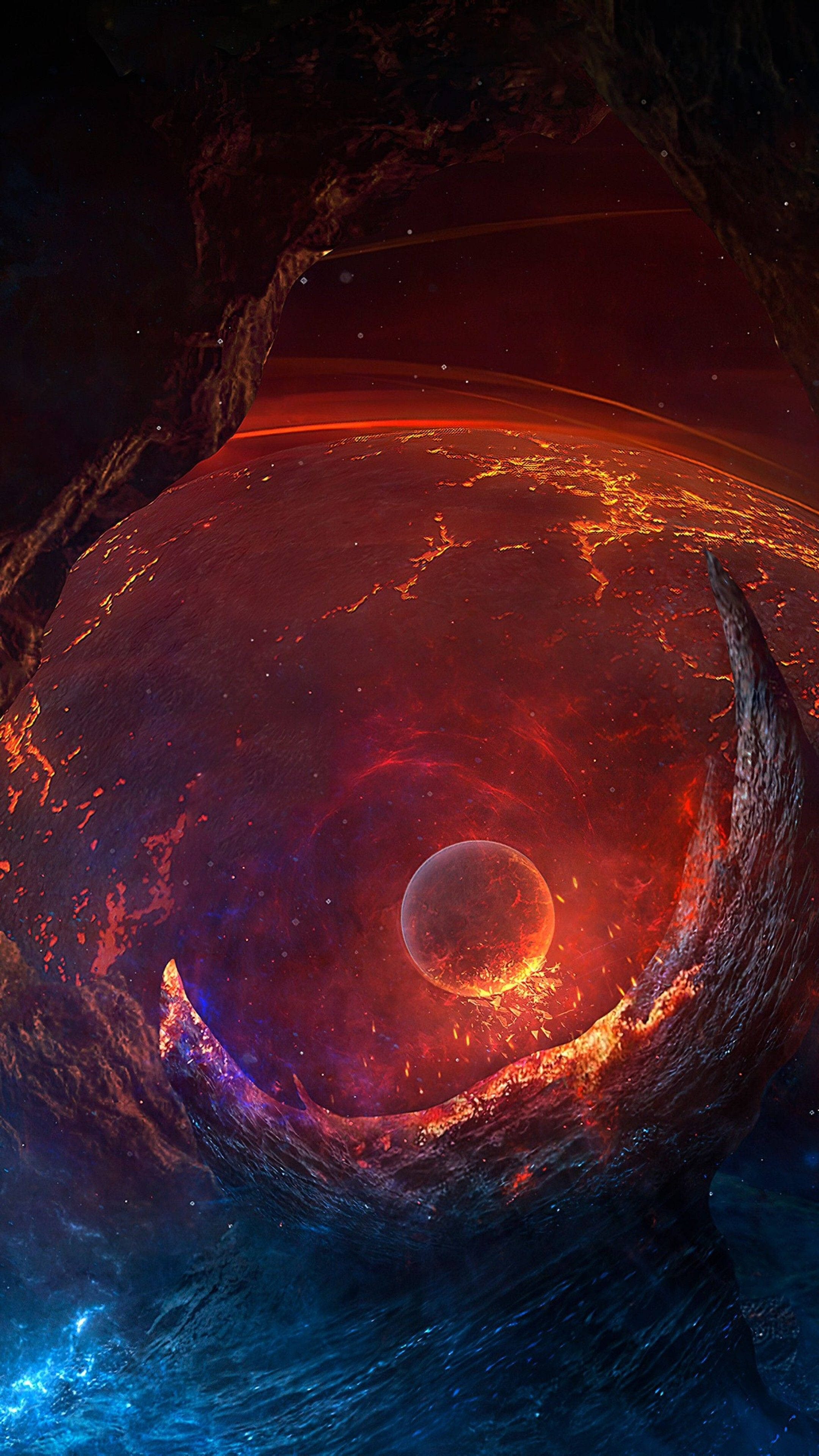google 桌布 壁紙 — 從一個宇宙洞穴內部看到的熾熱紅色行星，帶有發光的熔岩河流，附近漂浮著一個小月亮。