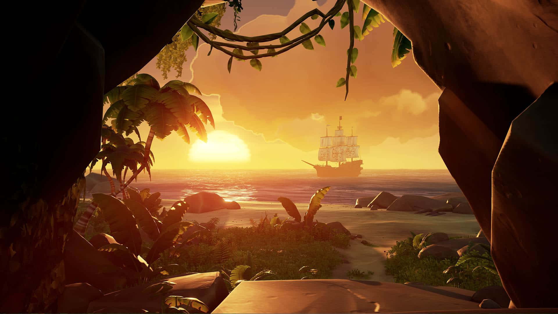 Sea Of Thieves 桌布 壁紙 — 從一個掛滿藤蔓的叢林洞穴內觀看，一艘海盜船在金色日落的海面上航行。