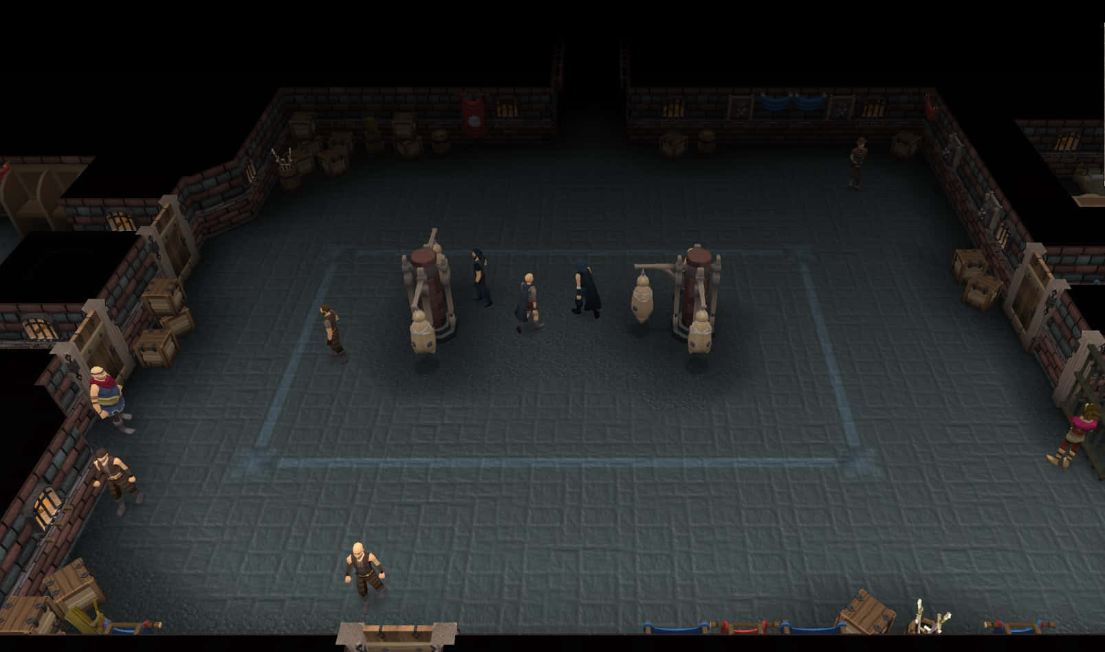 Thieves Guild 桌布 壁紙 — 從上往下看的像素藝術角色，位於光線昏暗的地牢競技場，有石牆和木箱。