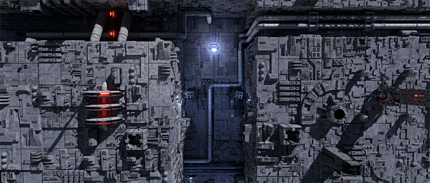 The Trench Run 桌布 壁紙 — 從上方俯瞰一個複雜的工業走廊，金屬機械和管道中閃爍著紅色和藍色的光芒。