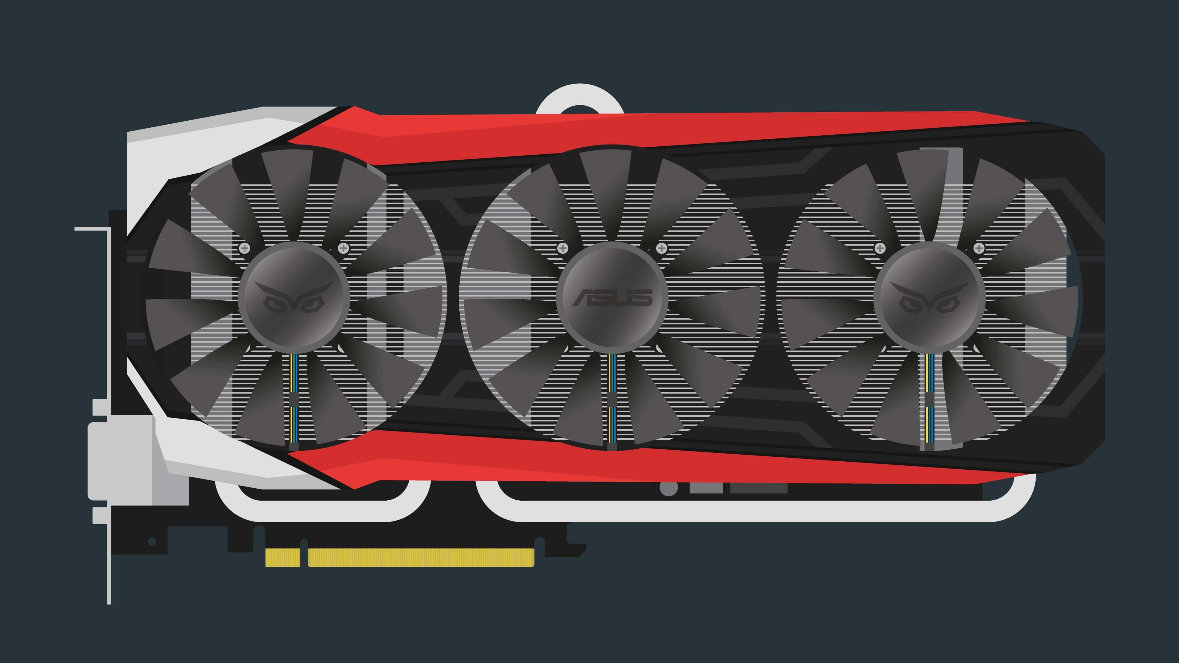 4K Graphics Cards 桌布 壁紙 — 從上方俯瞰一張紅黑配色的ASUS顯示卡，配備三個帶有貓頭鷹標誌的風扇。