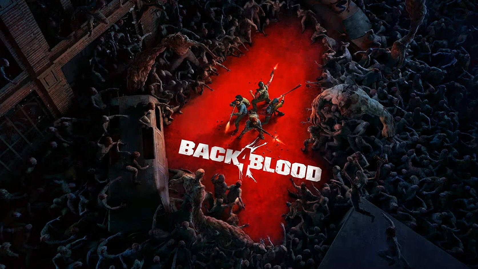 Left 4 Dead - Back 4 Blood 壁紙 — 從上方俯瞰倖存者在黑暗的城市環境中穿過殭屍海，並有一條發光的紅色路徑。