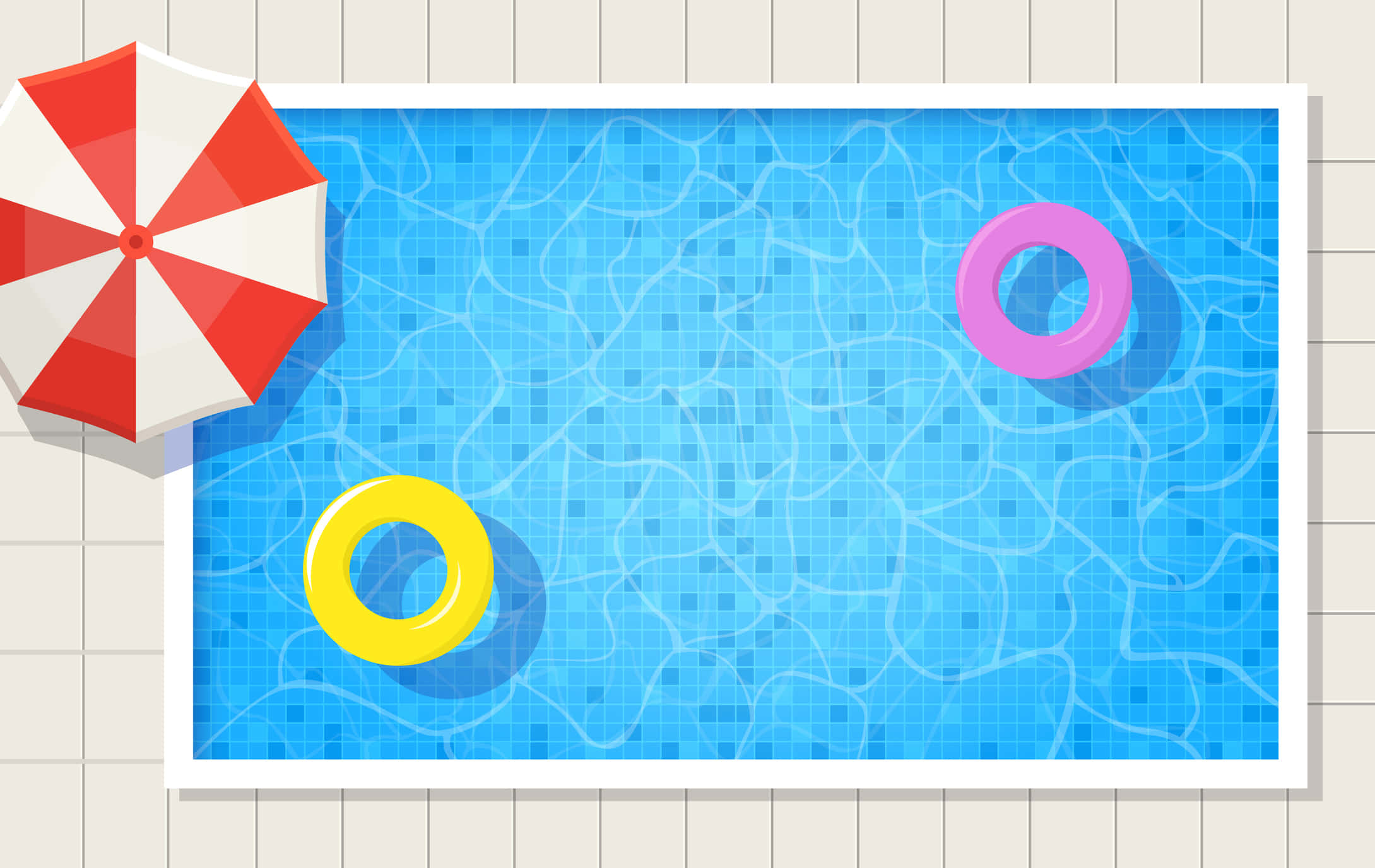 Swimming Pool 桌布 壁紙 — 從上方俯瞰藍色瓷磚泳池，有一個紅白相間的遮陽傘和色彩繽紛的浮具漂浮在平靜的水面上。