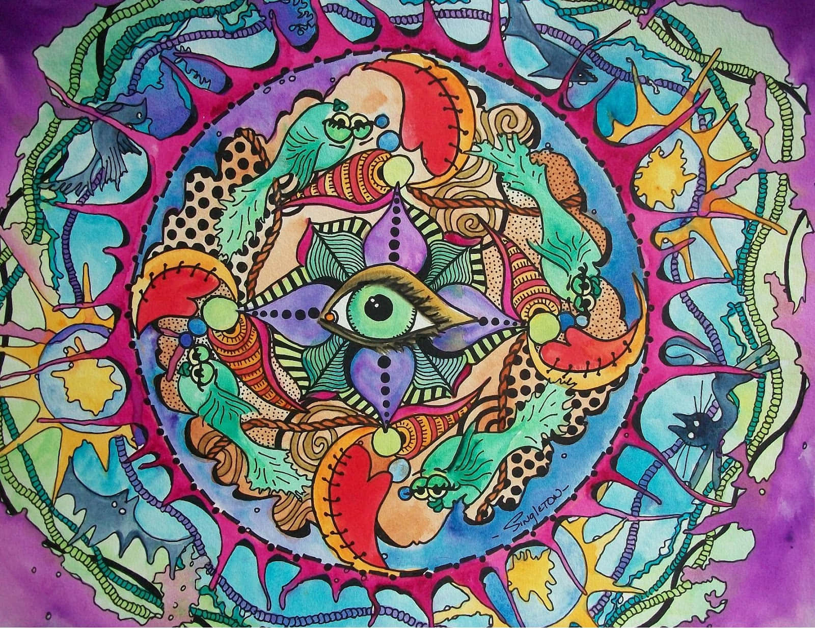 充滿活力的迷幻曼陀羅，中央有一隻眼睛和漩渦色彩繽紛的圖案。