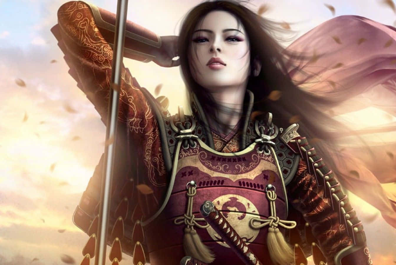 身穿紅色盔甲的武士在夕陽下飄落的秋葉中手持劍。