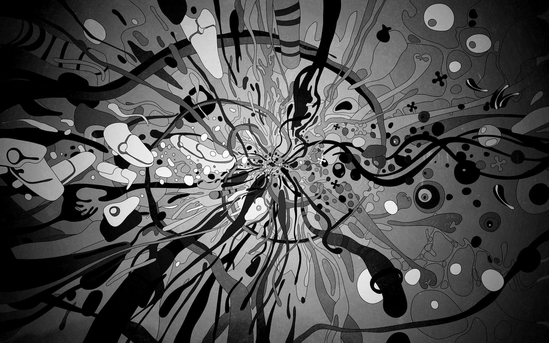 Psychedelic 3d Art 桌布 壁紙 — 從中心點輻射出的動態黑白抽象爆炸，包含旋轉線條和有機形狀。