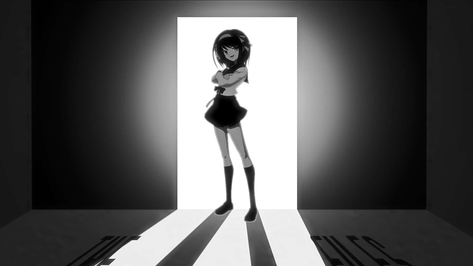 動畫女孩穿著校服，雙臂交叉站在門口，黑白風格。