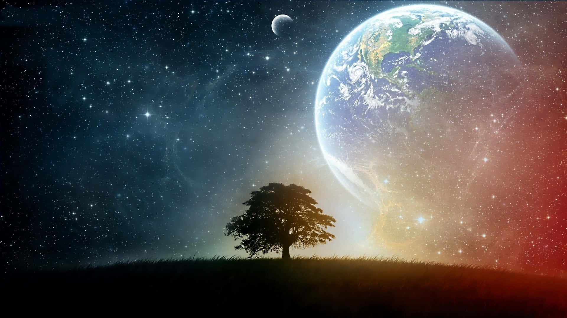 星空下，山丘上的一棵孤樹，上方有地球和月亮。
