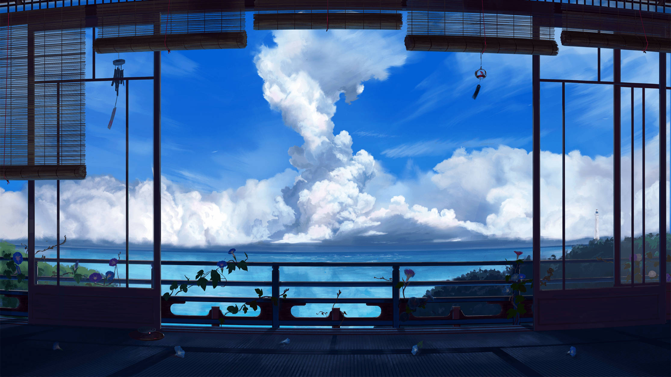 View 桌布 壁紙 — 從傳統日式房間望出去，在充滿蓬鬆白雲的戲劇性天空下，一片廣闊藍色海洋的寧靜動漫風格景色。