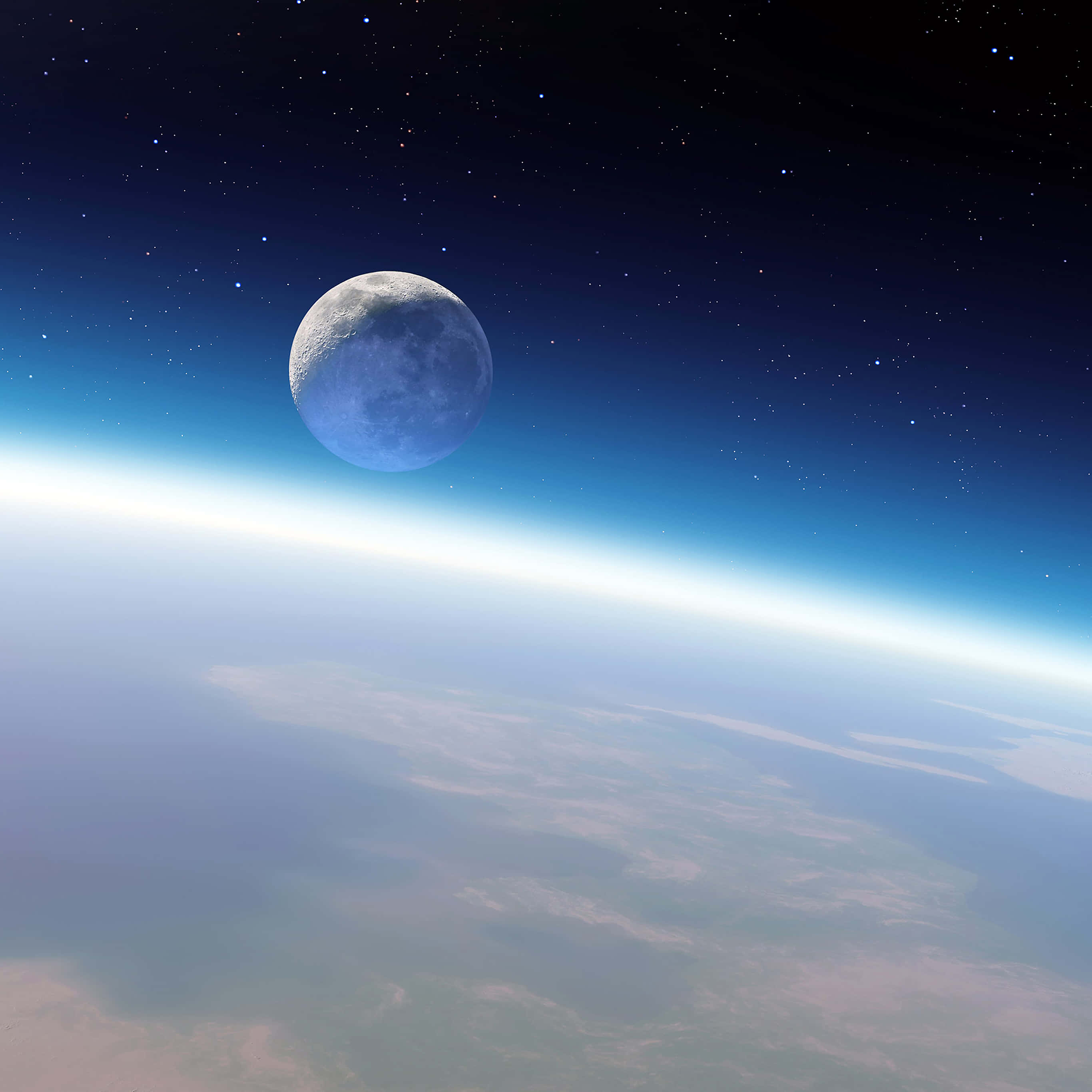 從外太空俯瞰地球的壯麗景色 壁紙 — 地球彎曲地平線的寧靜景象，詳細的月亮漂浮在繁星點點的夜空之上。