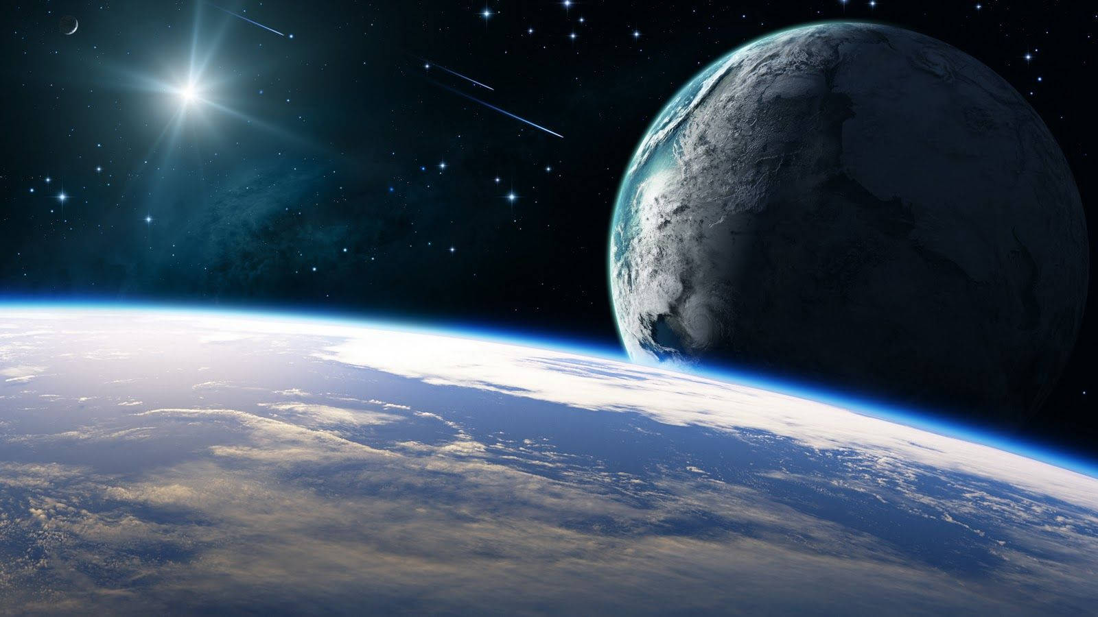 從太空看到的地球，背景中有一顆明亮的星星和流星。