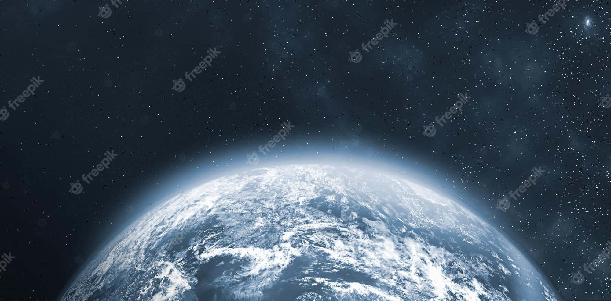 「從外太空看地球」 壁紙 — 從太空俯瞰地球的壯麗景色，展示出漩渦狀的雲層和藍色海洋，背景是星光閃爍的宇宙。
