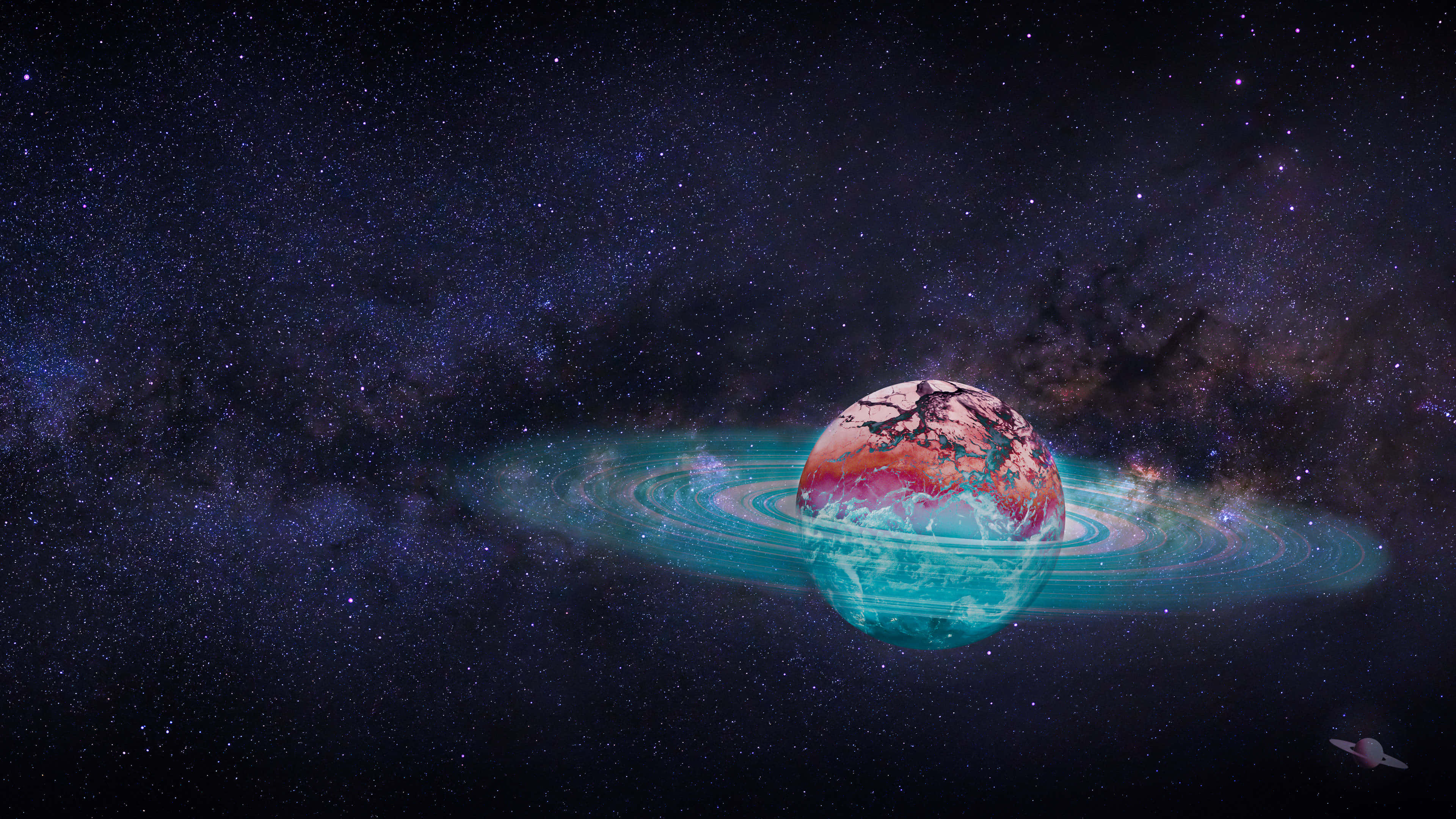 從外太空視角呈現的地球 壁紙 — 一顆充滿活力的行星，擁有漩渦般的青綠色和紅色海洋，環繞著星光熠熠的星系，周圍有發光的光環和一顆遙遠的衛星。