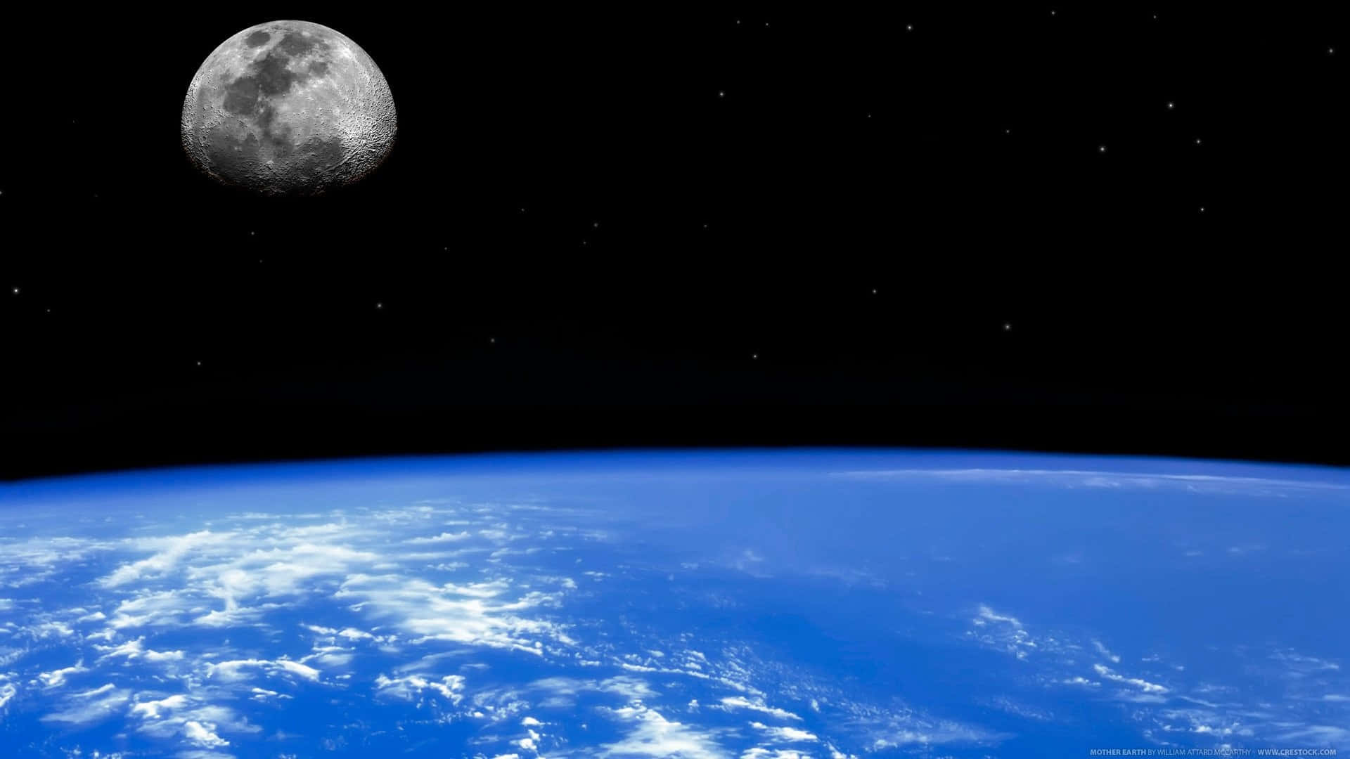 從外太空觀看人類的家——地球 壁紙 — 地球的藍色彎曲地平線，帶有白雲和懸掛在繁星點點的黑色太空中的月亮。
