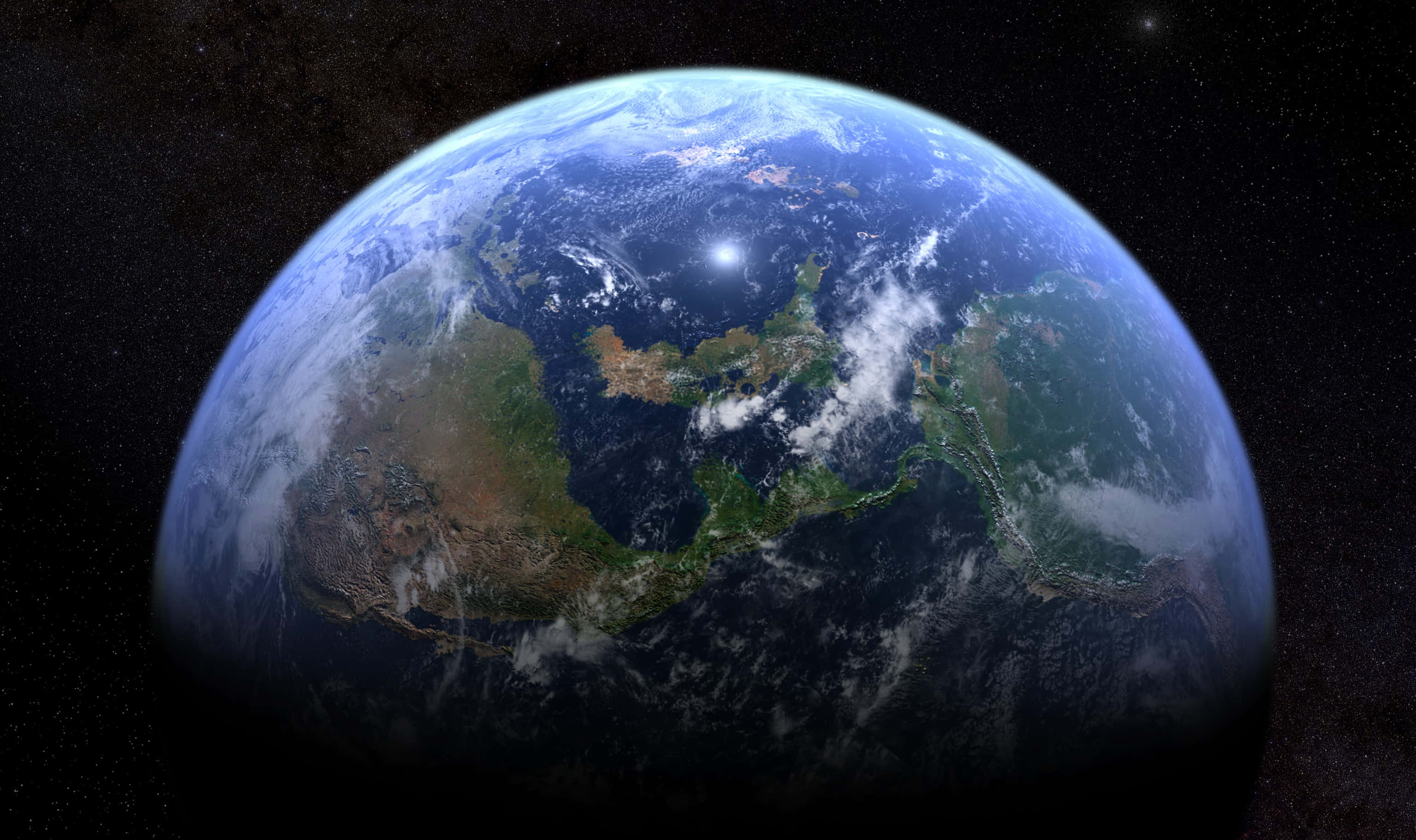從外太空觀看地球 壁紙 — 從太空俯瞰地球的壯麗景色，展現出鮮豔的藍色海洋、綠色大陸和旋轉的白色雲朵，背景是繁星點點的黑色虛空。