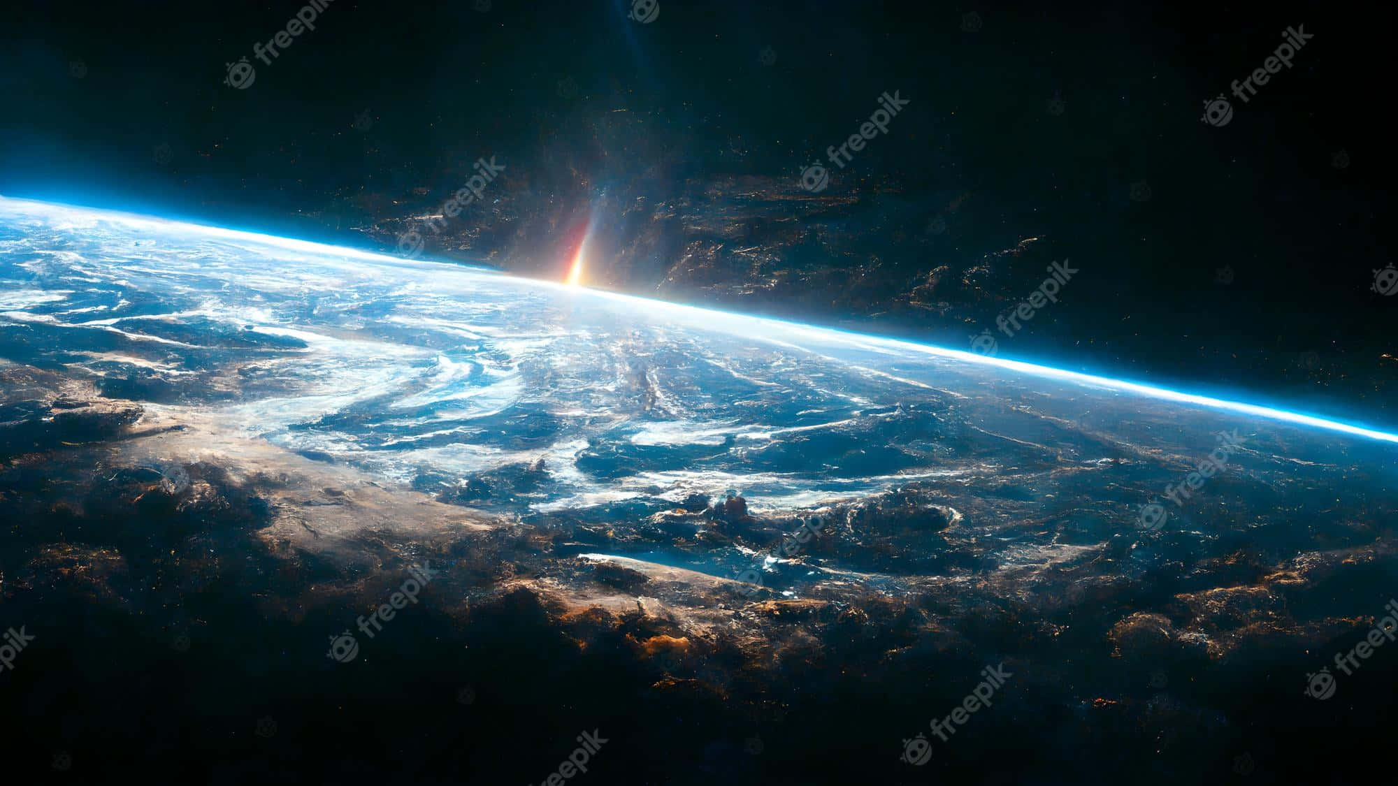 從外太空觀看地球 壁紙 — 從太空觀看日出時地球的壯麗景色，充滿活力的藍色大氣和下方旋轉的雲層。