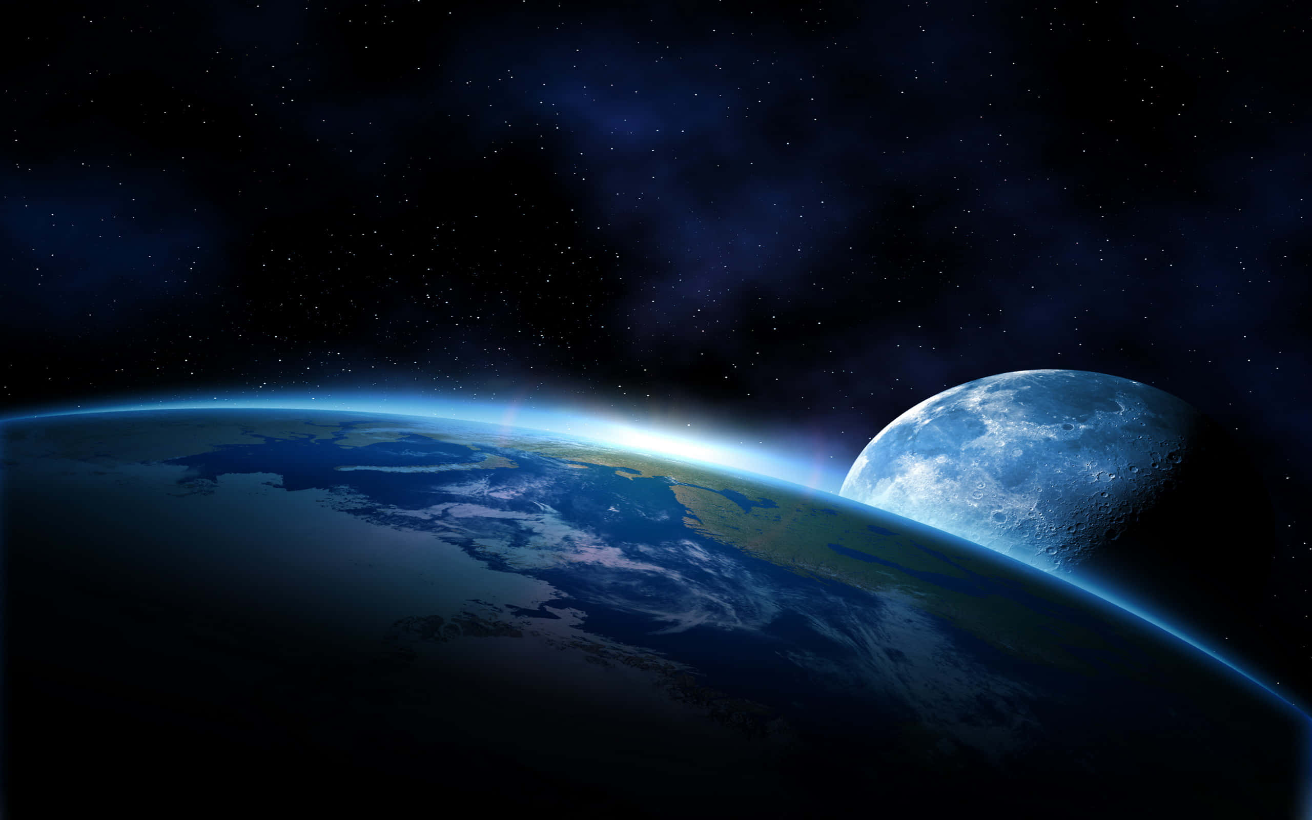 從外太空觀看地球 壁紙 — 地球和月球在繁星點點的宇宙背景下發光，帶有發光的大氣邊緣。