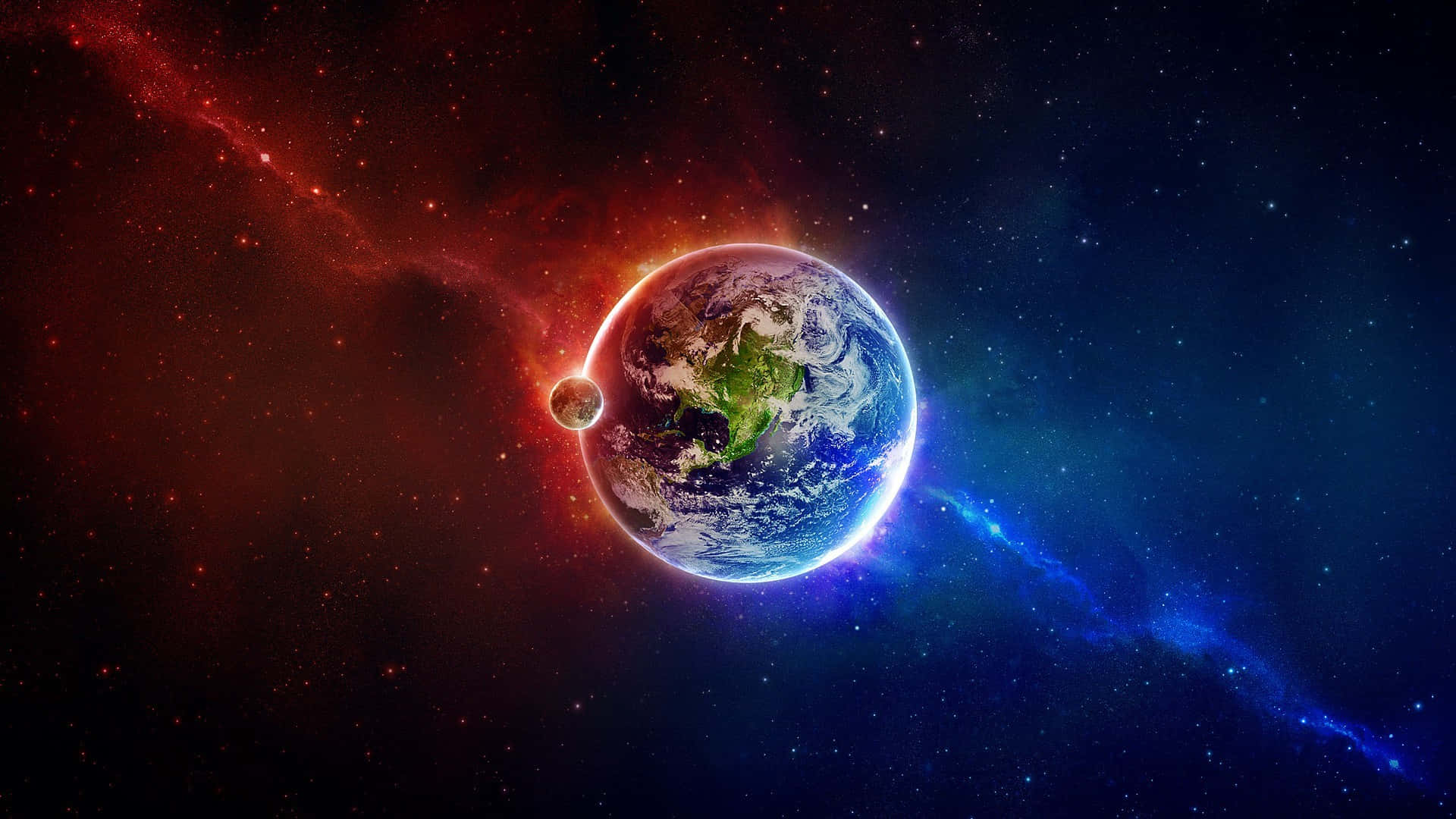 從外太空觀看地球的藍色大理石視角 壁紙 — 地球在紅色和藍色星雲及恆星的宇宙背景下，閃耀著藍色海洋和綠色大陸。