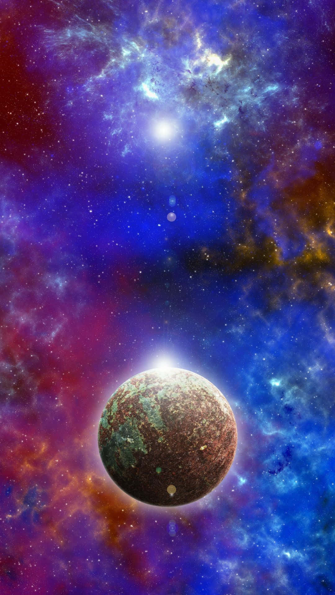 色彩繽紛的宇宙星雲中的行星與明亮的星星