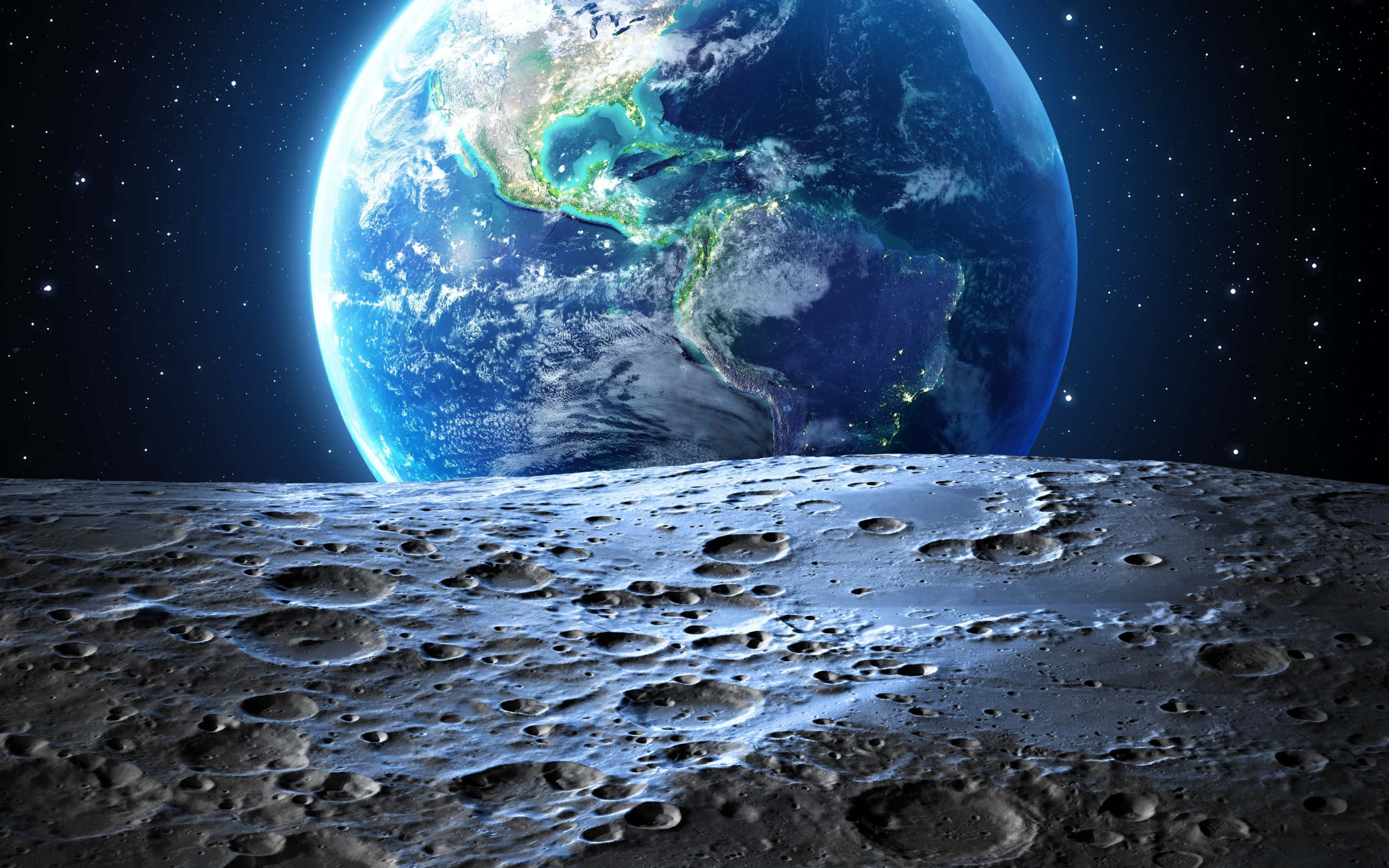 從外太空觀看的地球 壁紙 — 在星空下，地球從佈滿隕石坑的月球表面升起的壯麗景色。