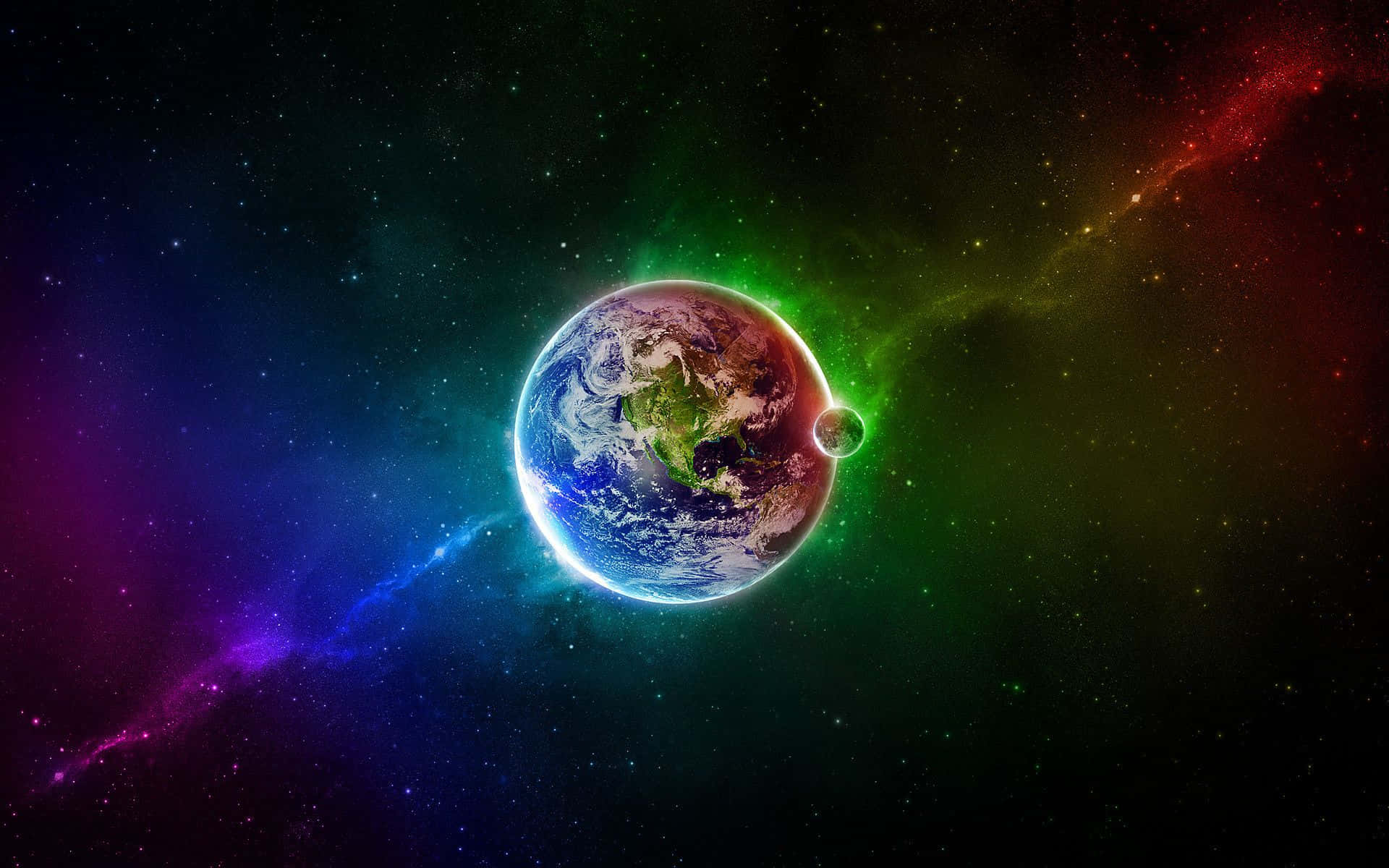 從太空一瞥地球 壁紙 — 地球在旋轉星雲和遙遠恆星的宇宙背景下，散發著充滿活力的極光。